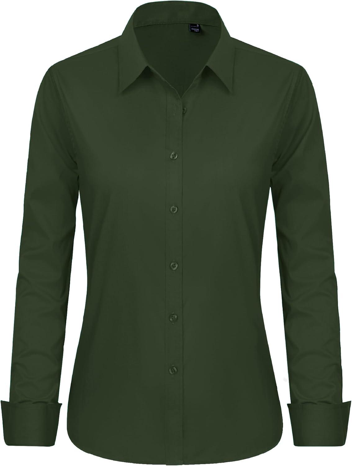 imageJVER Button Down Shirts for Women Stretch Collared Cotton Long Sleeve Dress Shirt Business Casual Blouse for WorkArmy Green