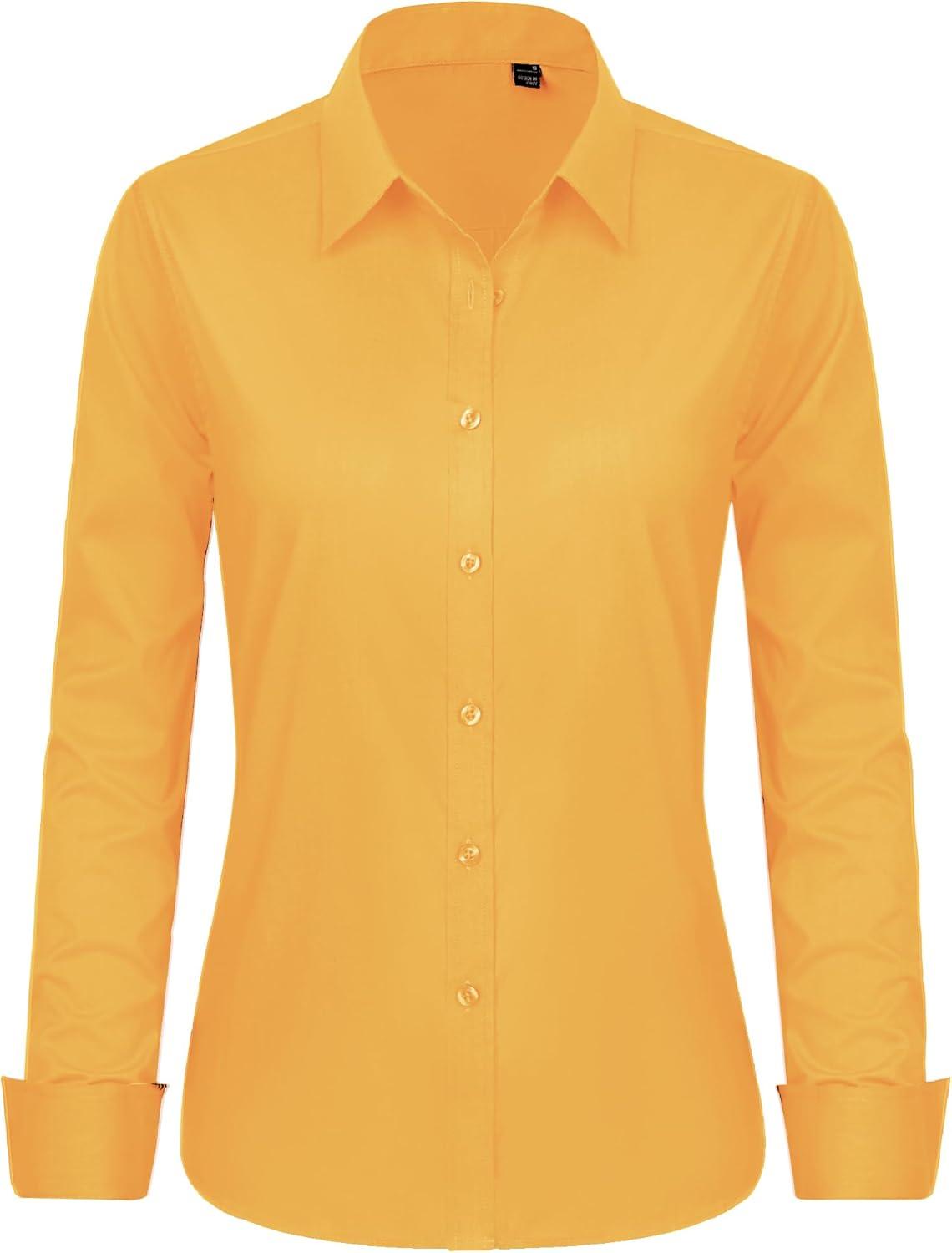 imageJVER Button Down Shirts for Women Stretch Collared Cotton Long Sleeve Dress Shirt Business Casual Blouse for WorkOrange