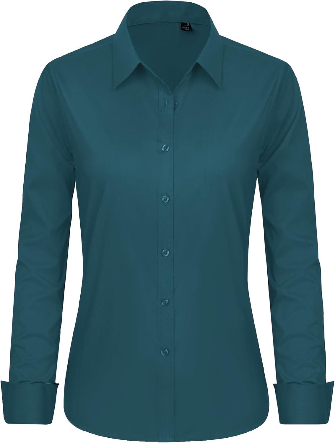 imageJVER Button Down Shirts for Women Stretch Collared Cotton Long Sleeve Dress Shirt Business Casual Blouse for WorkPeacock Blue