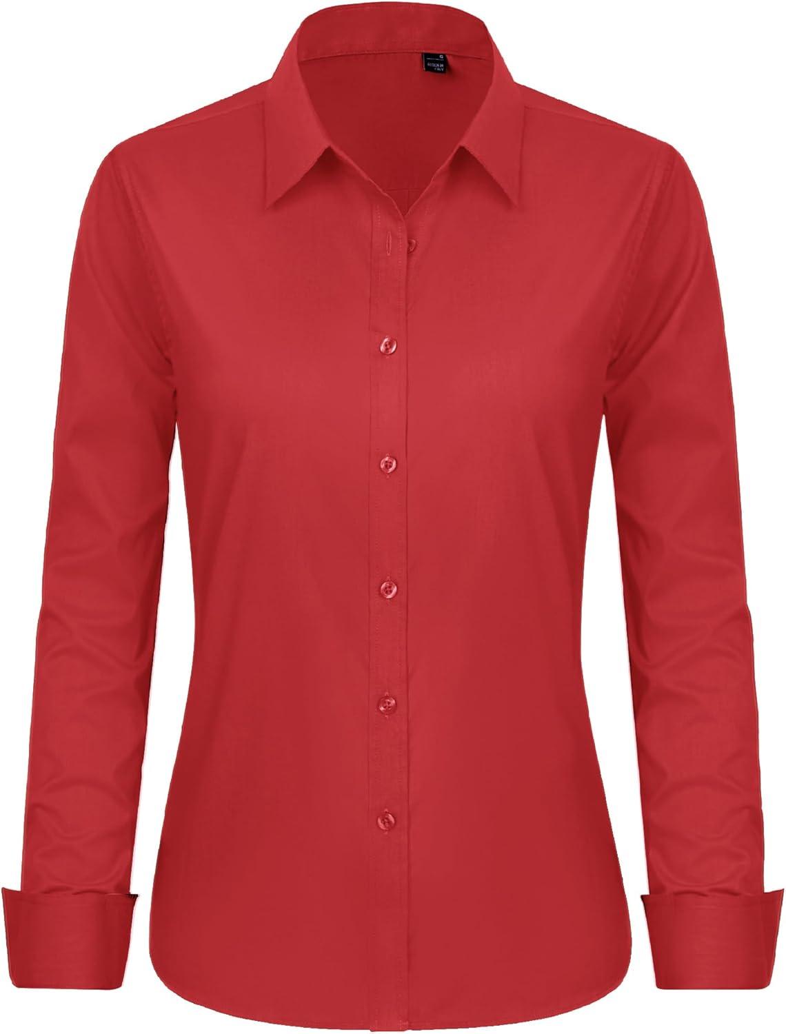 imageJVER Button Down Shirts for Women Stretch Collared Cotton Long Sleeve Dress Shirt Business Casual Blouse for WorkRed