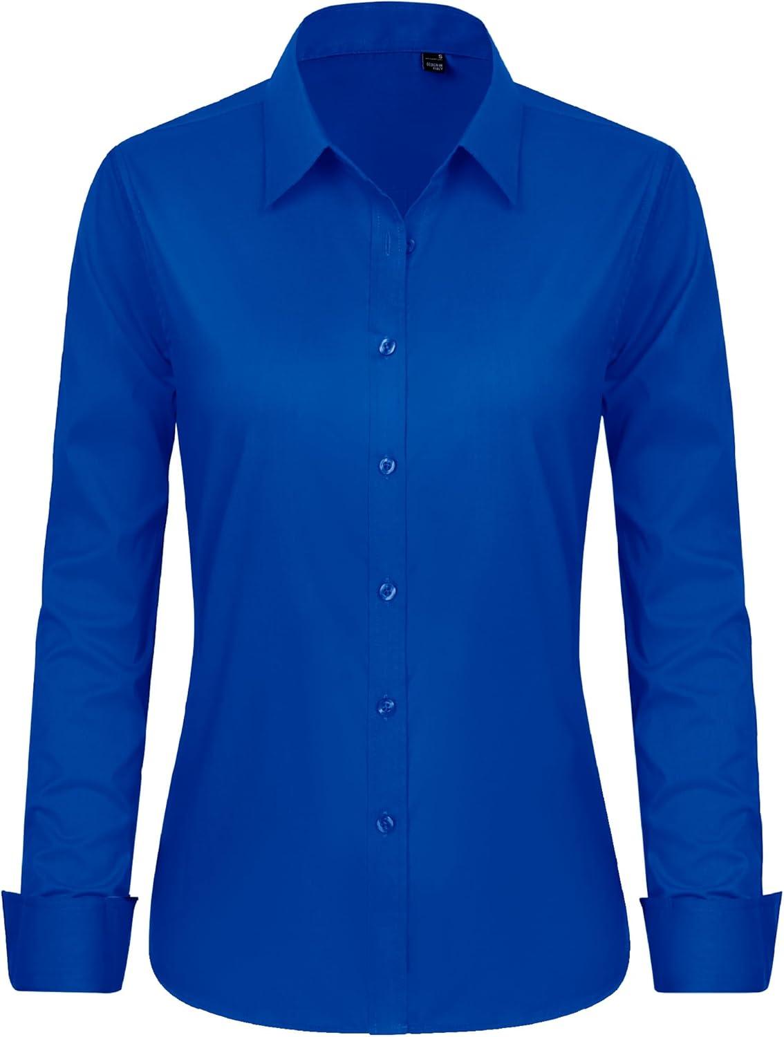 imageJVER Button Down Shirts for Women Stretch Collared Cotton Long Sleeve Dress Shirt Business Casual Blouse for WorkRoyal Blue