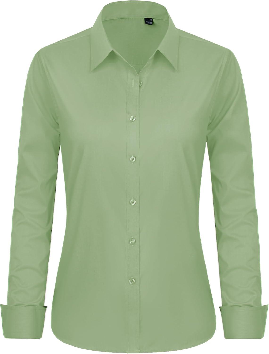 imageJVER Button Down Shirts for Women Stretch Collared Cotton Long Sleeve Dress Shirt Business Casual Blouse for WorkSage Green