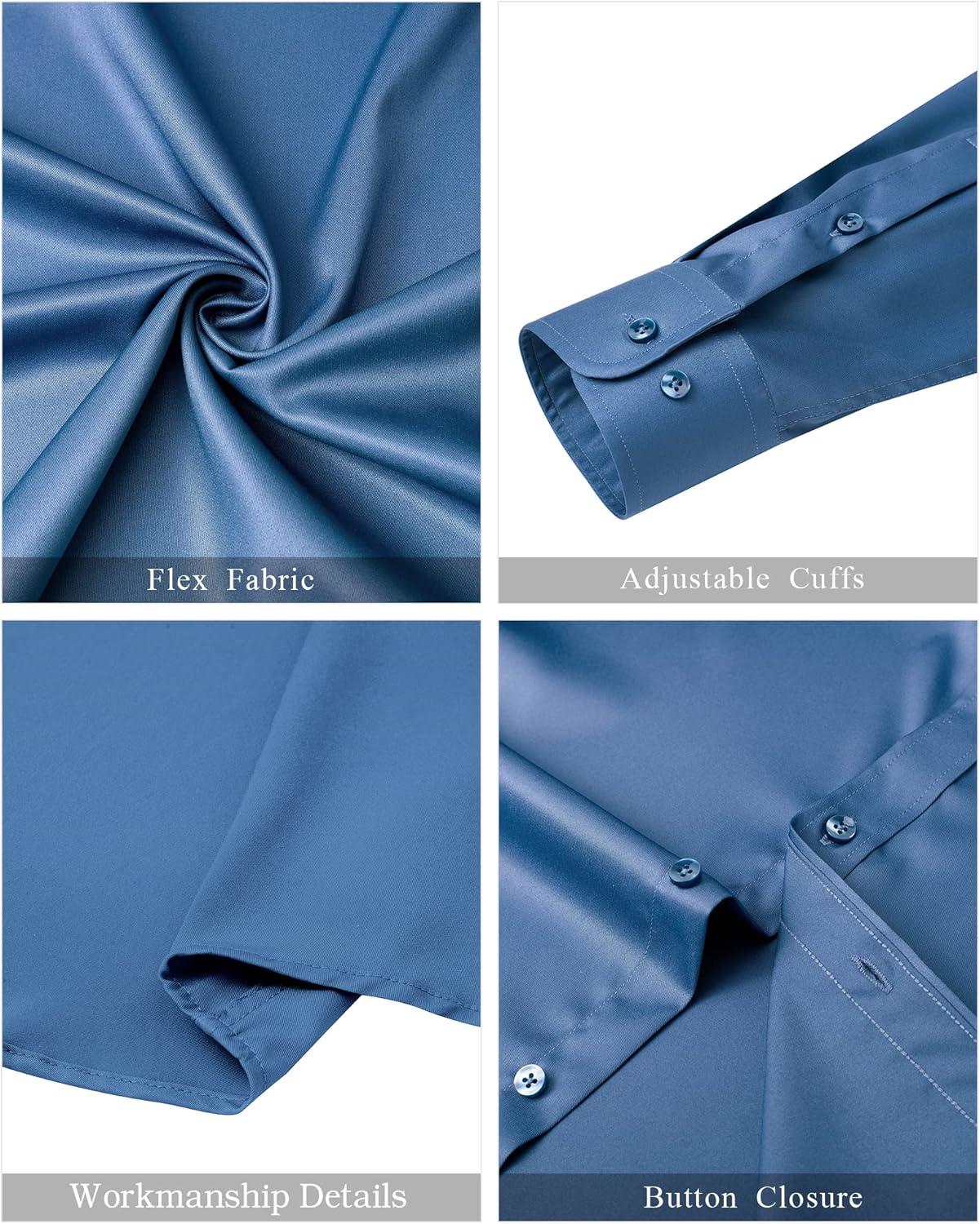 imageJVER Mens Banded Collar Dress Shirt Mandarin Long Sleeve Button Down Shirts Stretch Collarless Tops with PocketCyan Blue