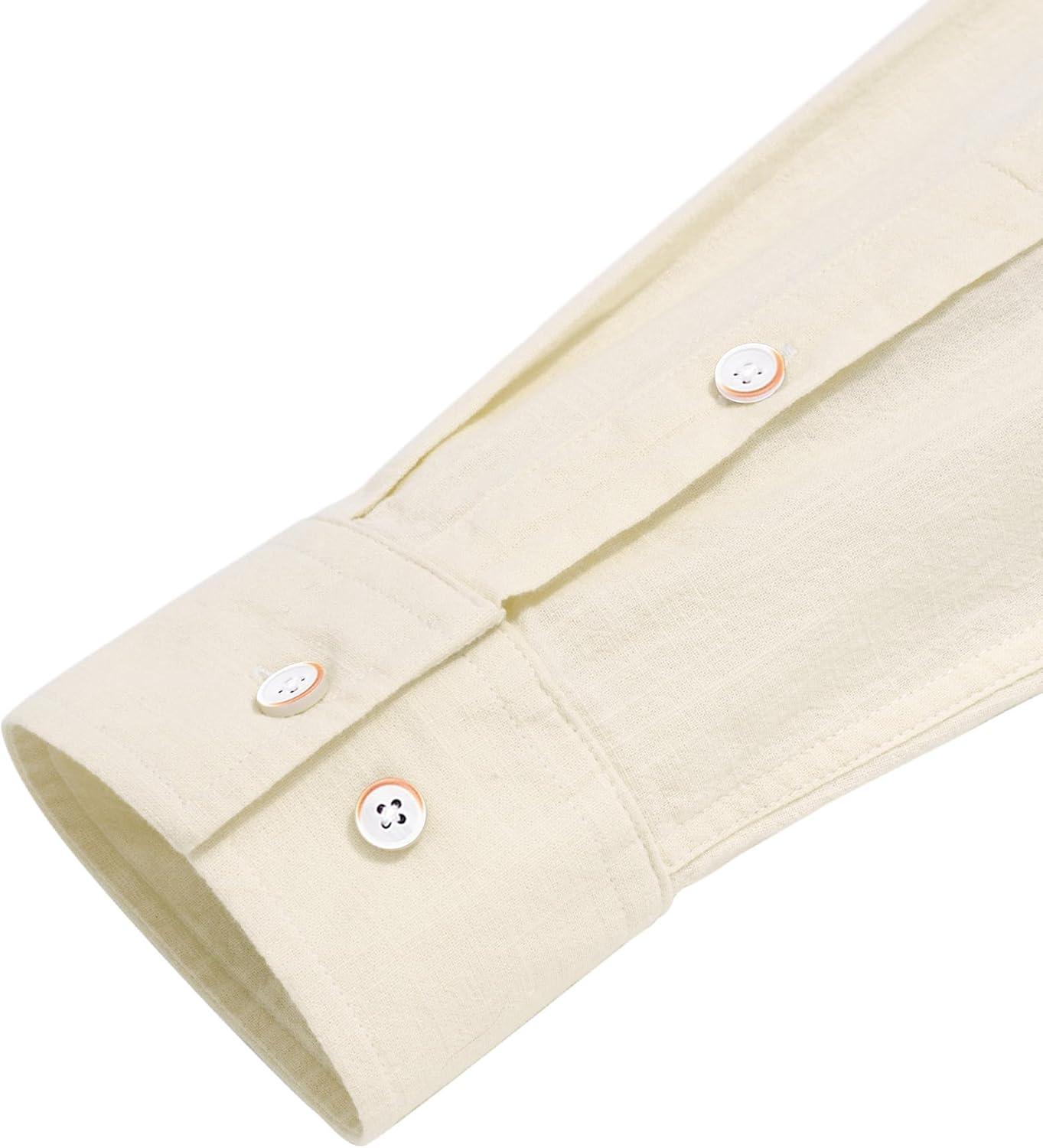 imageJVER Mens Cotton Linen Long Sleeve Shirts Casual Button Down Banded Collar Shirt Beach Summer Tops with PocketBeige