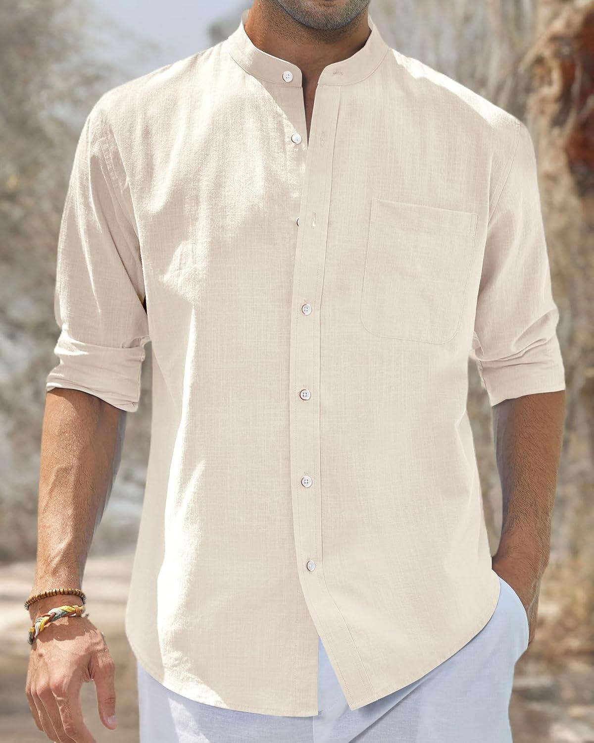 imageJVER Mens Cotton Linen Long Sleeve Shirts Casual Button Down Banded Collar Shirt Beach Summer Tops with PocketBeige