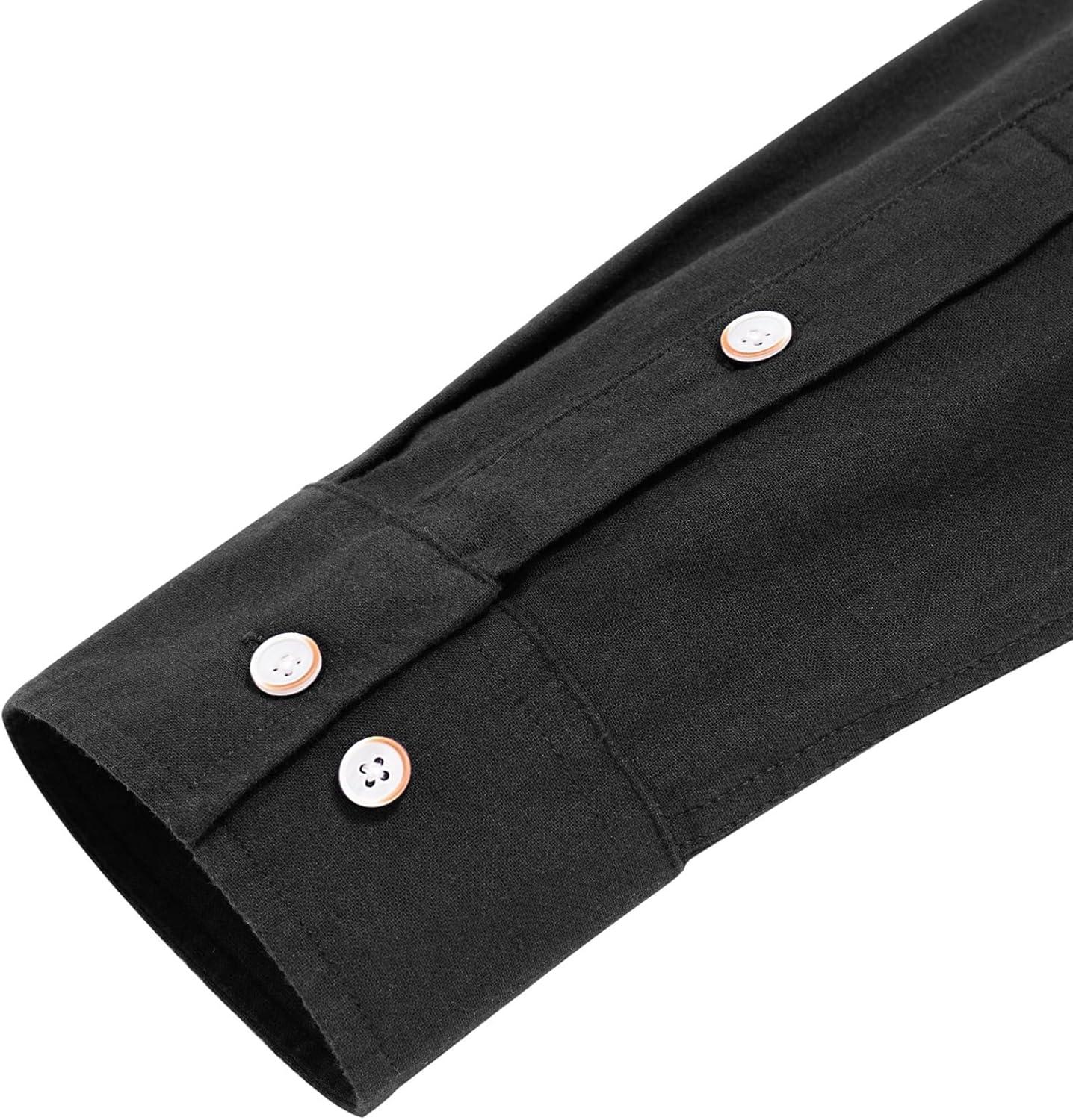 imageJVER Mens Cotton Linen Long Sleeve Shirts Casual Button Down Banded Collar Shirt Beach Summer Tops with PocketBlack