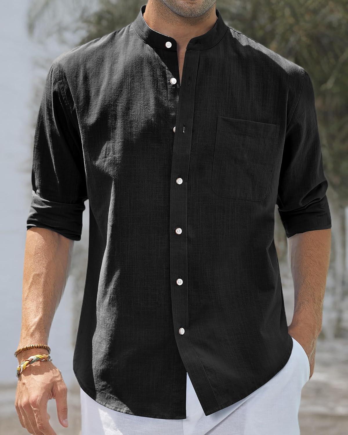 imageJVER Mens Cotton Linen Long Sleeve Shirts Casual Button Down Banded Collar Shirt Beach Summer Tops with PocketBlack