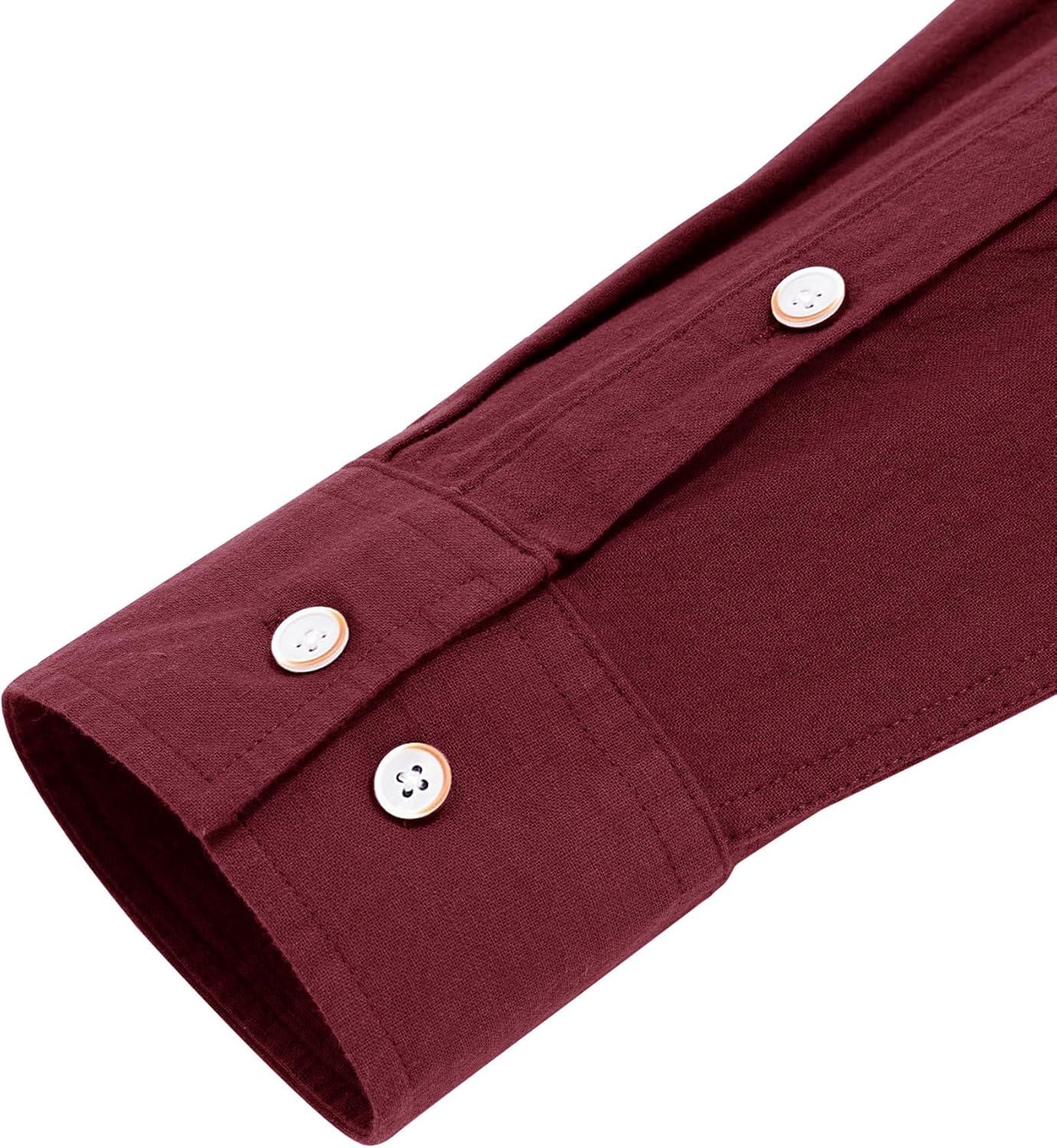 imageJVER Mens Cotton Linen Long Sleeve Shirts Casual Button Down Banded Collar Shirt Beach Summer Tops with PocketBurgundy