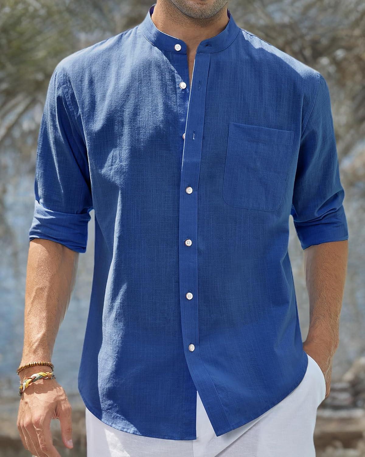 imageJVER Mens Cotton Linen Long Sleeve Shirts Casual Button Down Banded Collar Shirt Beach Summer Tops with PocketDenim Blue