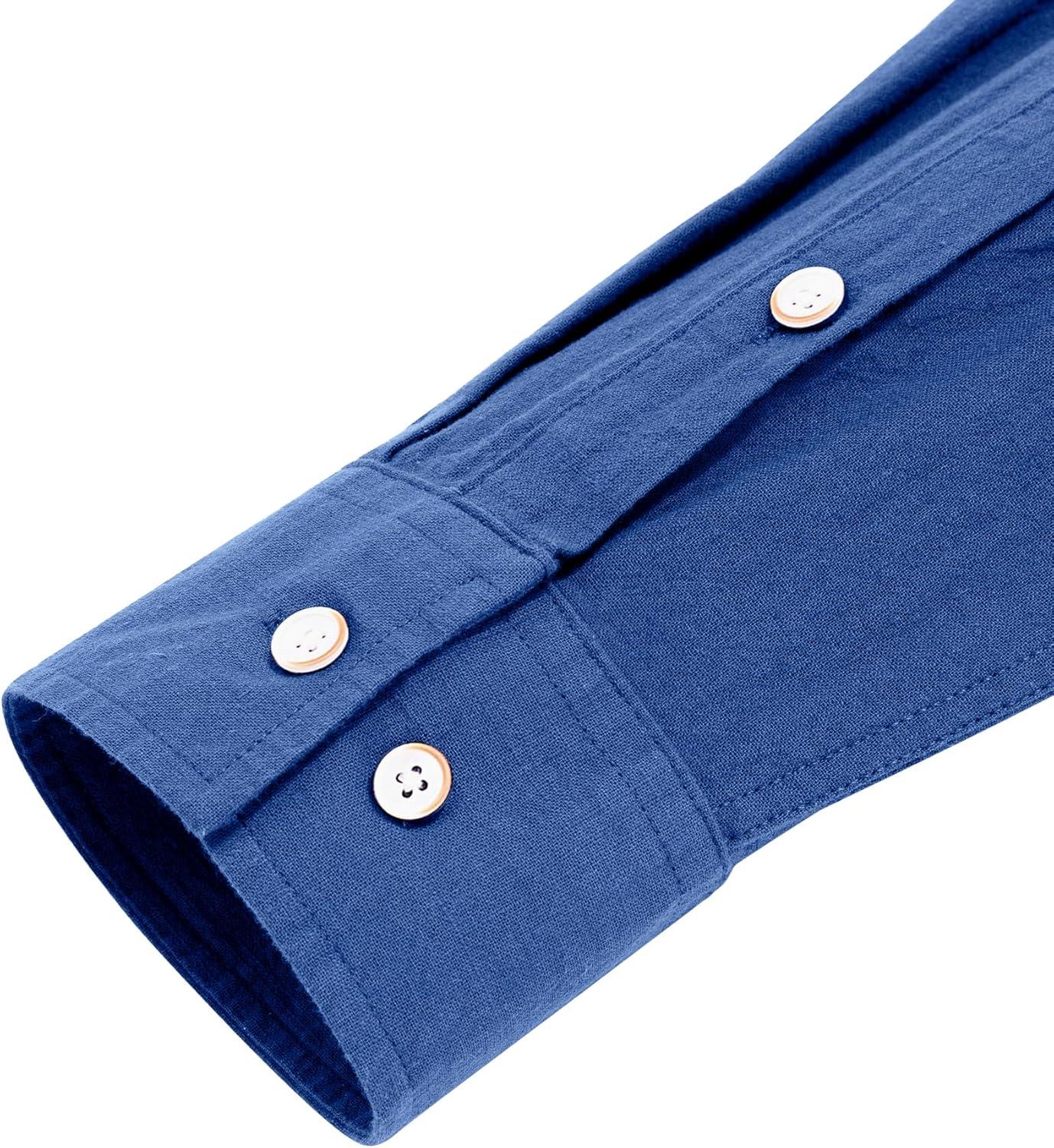imageJVER Mens Cotton Linen Long Sleeve Shirts Casual Button Down Banded Collar Shirt Beach Summer Tops with PocketDenim Blue