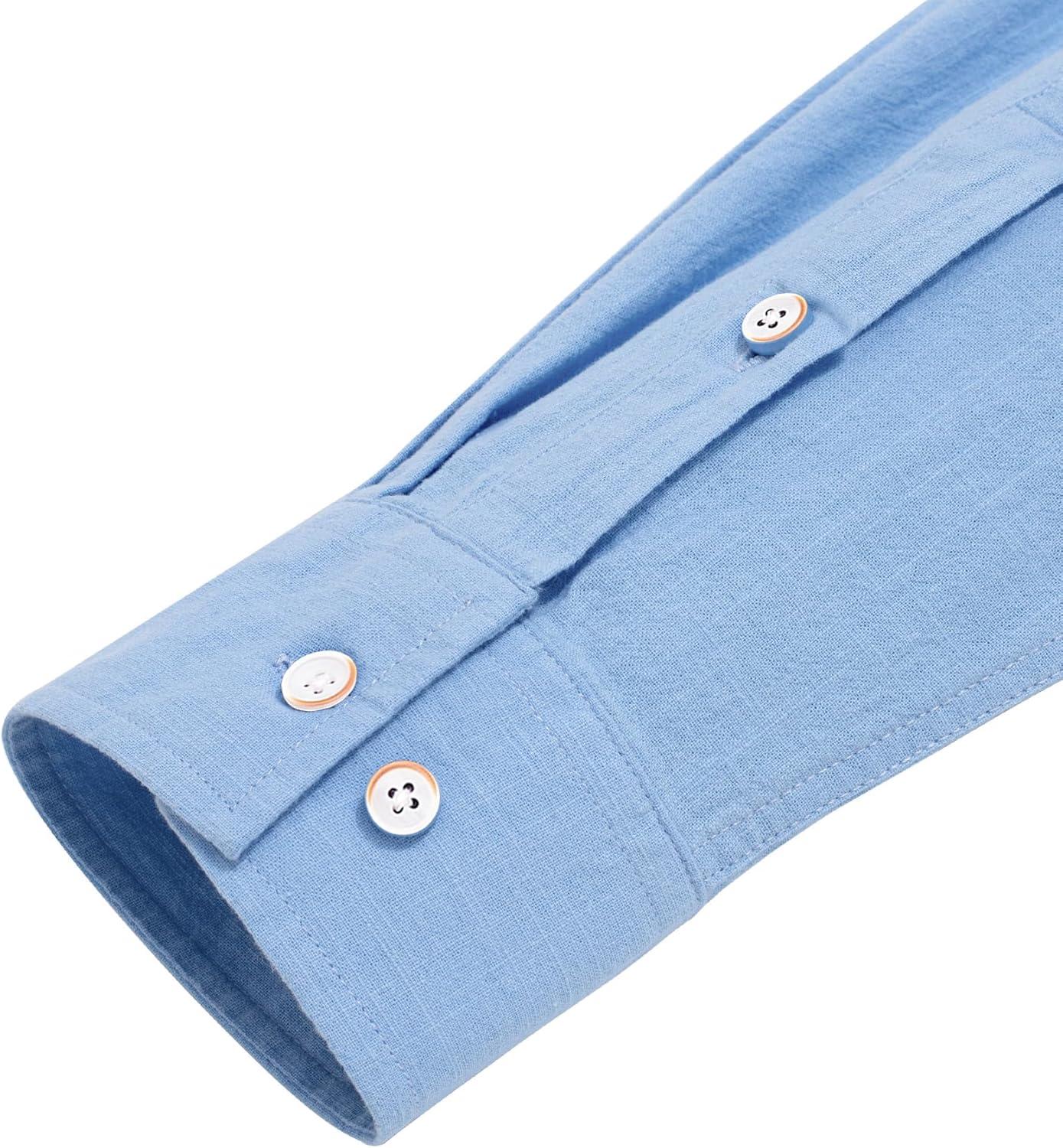 imageJVER Mens Cotton Linen Long Sleeve Shirts Casual Button Down Banded Collar Shirt Beach Summer Tops with PocketLight Blue