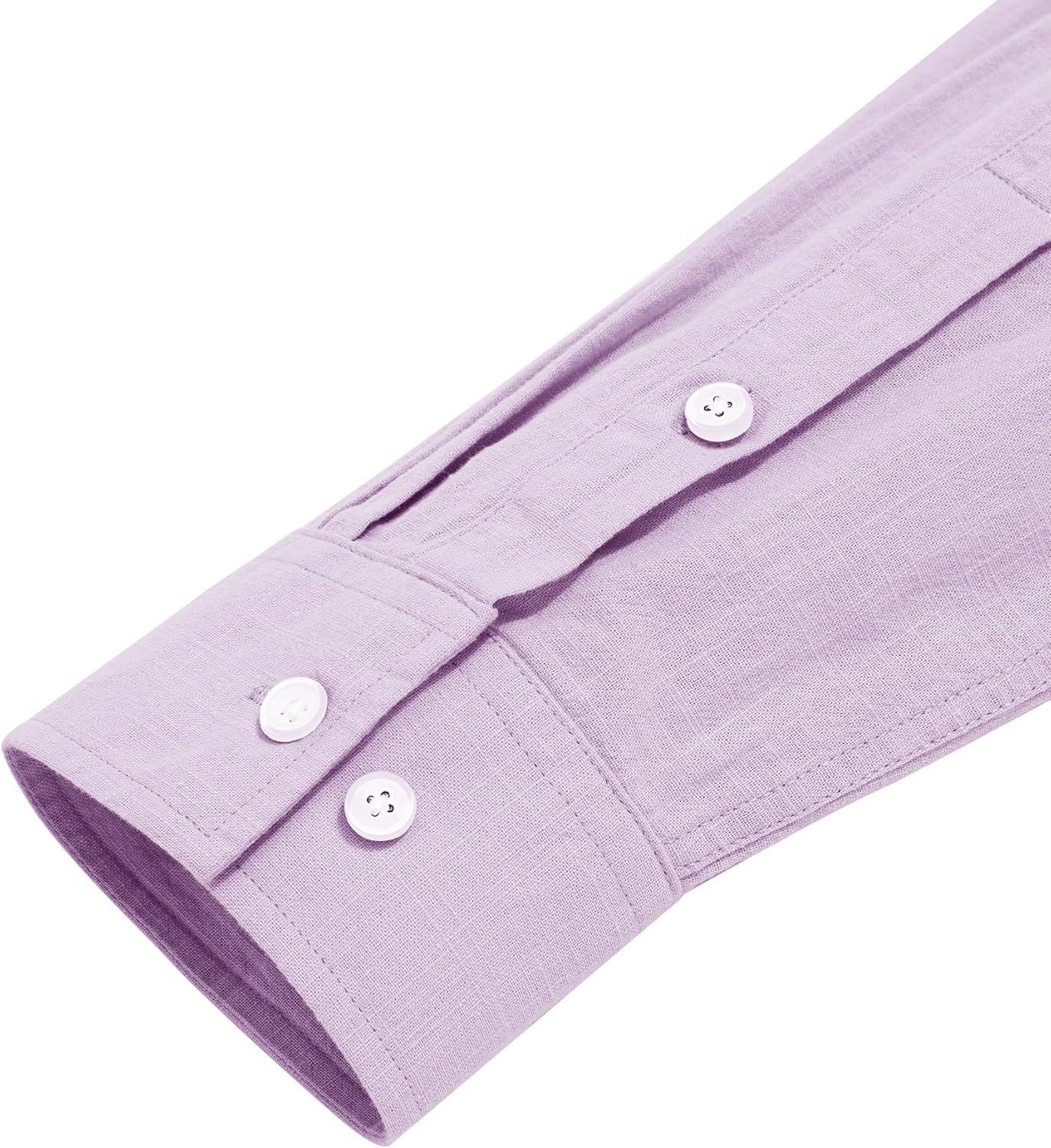 imageJVER Mens Cotton Linen Long Sleeve Shirts Casual Button Down Banded Collar Shirt Beach Summer Tops with PocketLight Purple