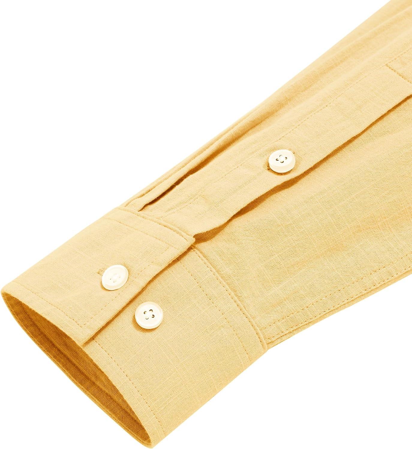 imageJVER Mens Cotton Linen Long Sleeve Shirts Casual Button Down Banded Collar Shirt Beach Summer Tops with PocketLight Yellow