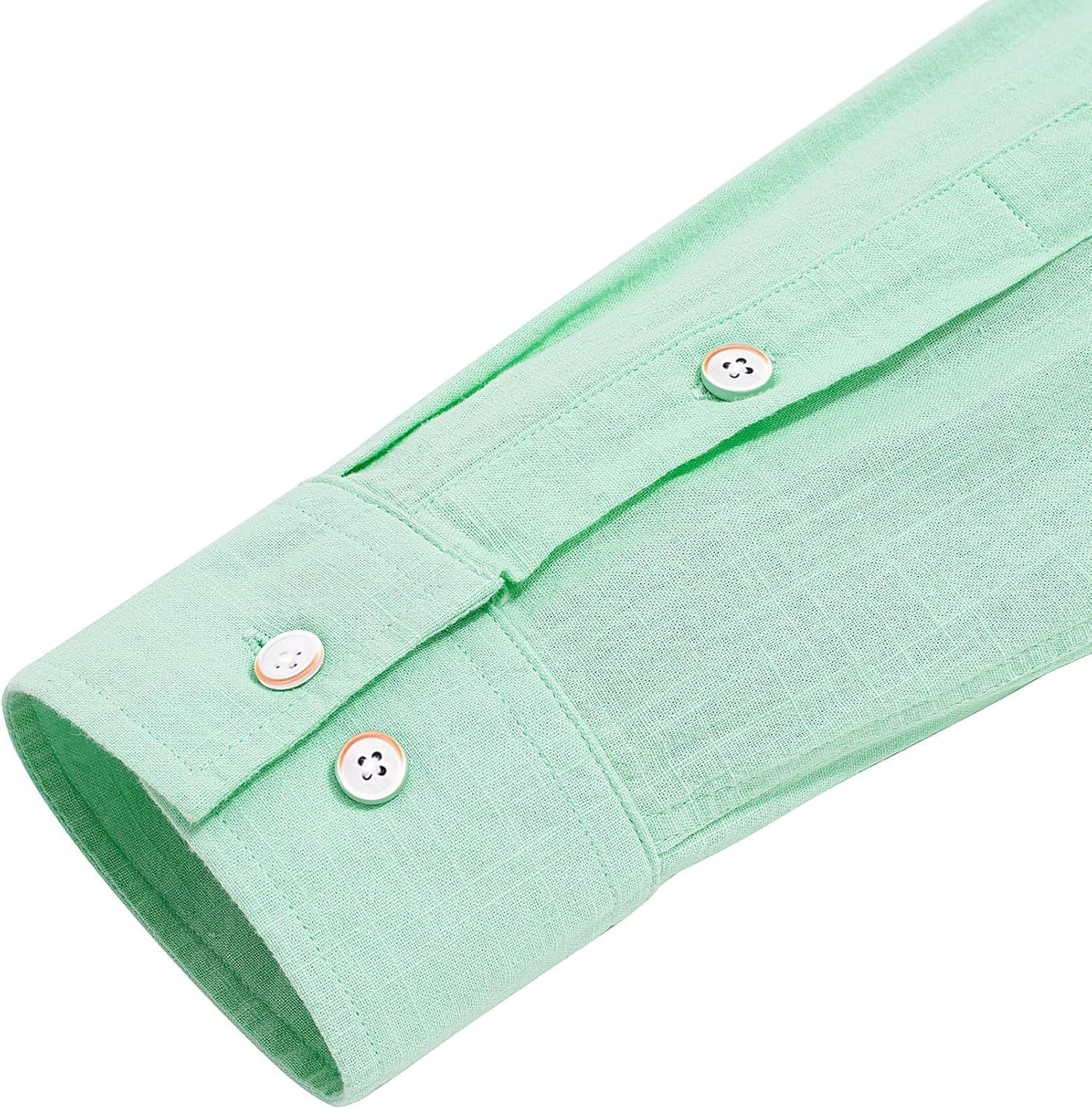 imageJVER Mens Cotton Linen Long Sleeve Shirts Casual Button Down Banded Collar Shirt Beach Summer Tops with PocketMint Green