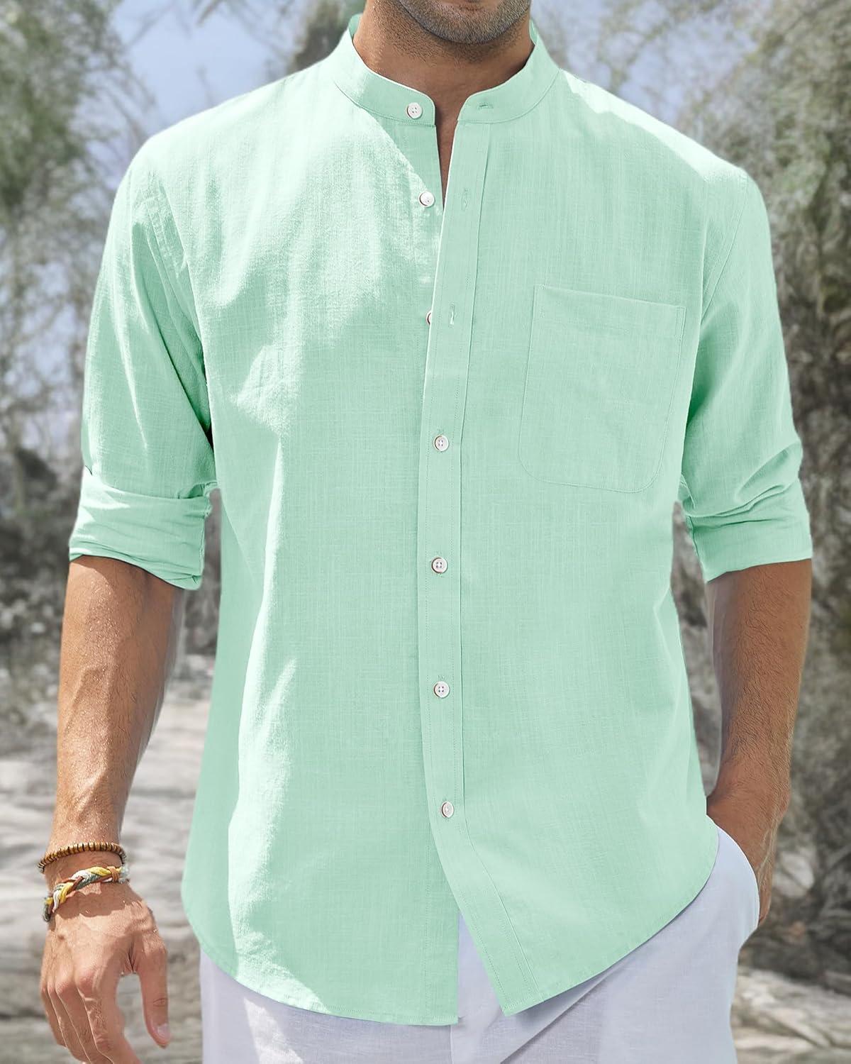 imageJVER Mens Cotton Linen Long Sleeve Shirts Casual Button Down Banded Collar Shirt Beach Summer Tops with PocketMint Green
