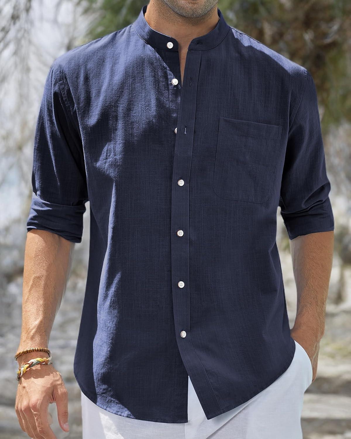 imageJVER Mens Cotton Linen Long Sleeve Shirts Casual Button Down Banded Collar Shirt Beach Summer Tops with PocketNavy Blue