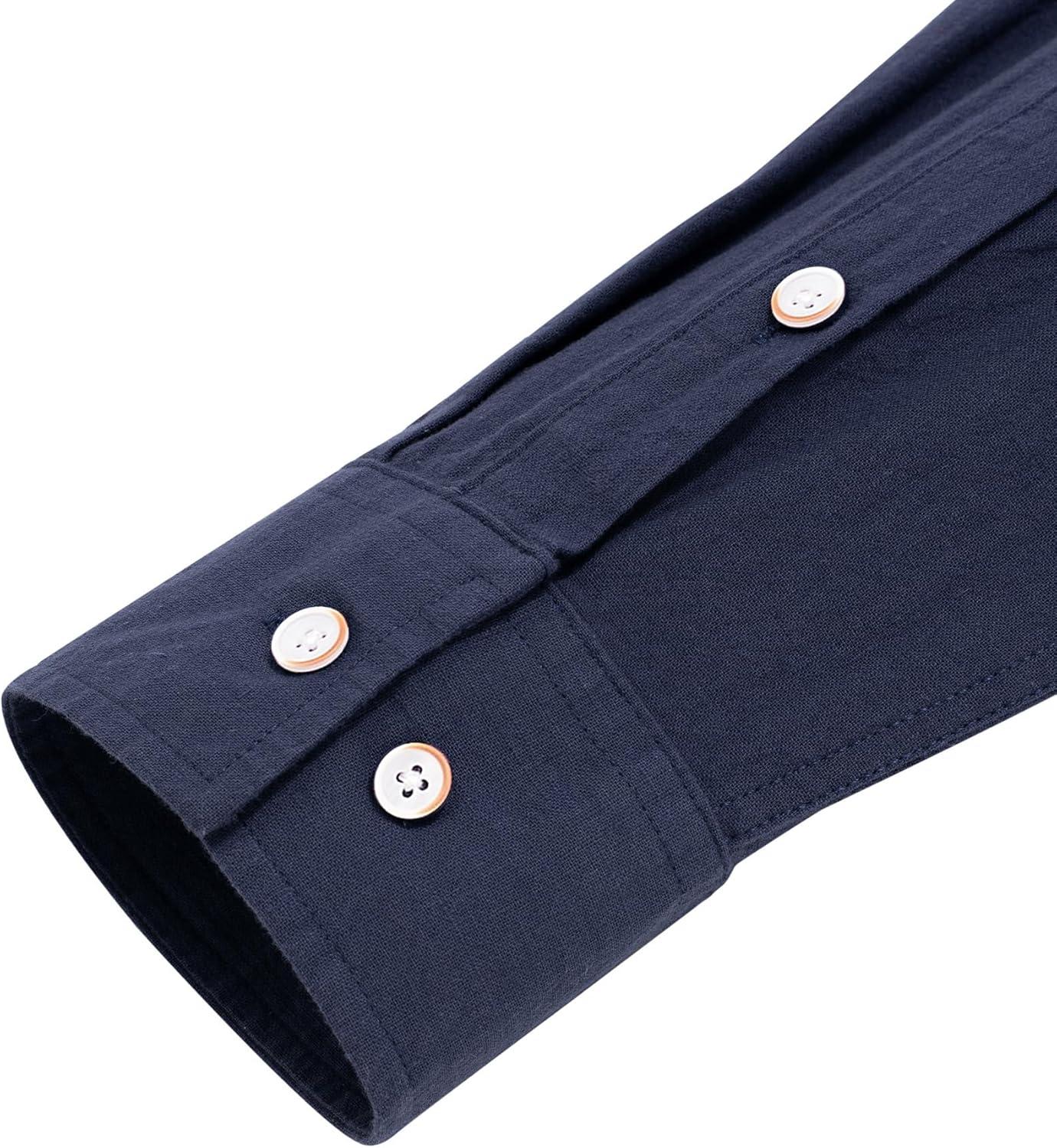 imageJVER Mens Cotton Linen Long Sleeve Shirts Casual Button Down Banded Collar Shirt Beach Summer Tops with PocketNavy Blue