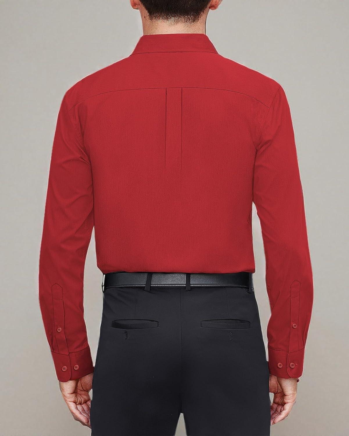 imageJVER Mens Dress Shirts Stretch Stain Shield Long Sleeve Solid Formal Shirt Business Casual Button Down ShirtsRed