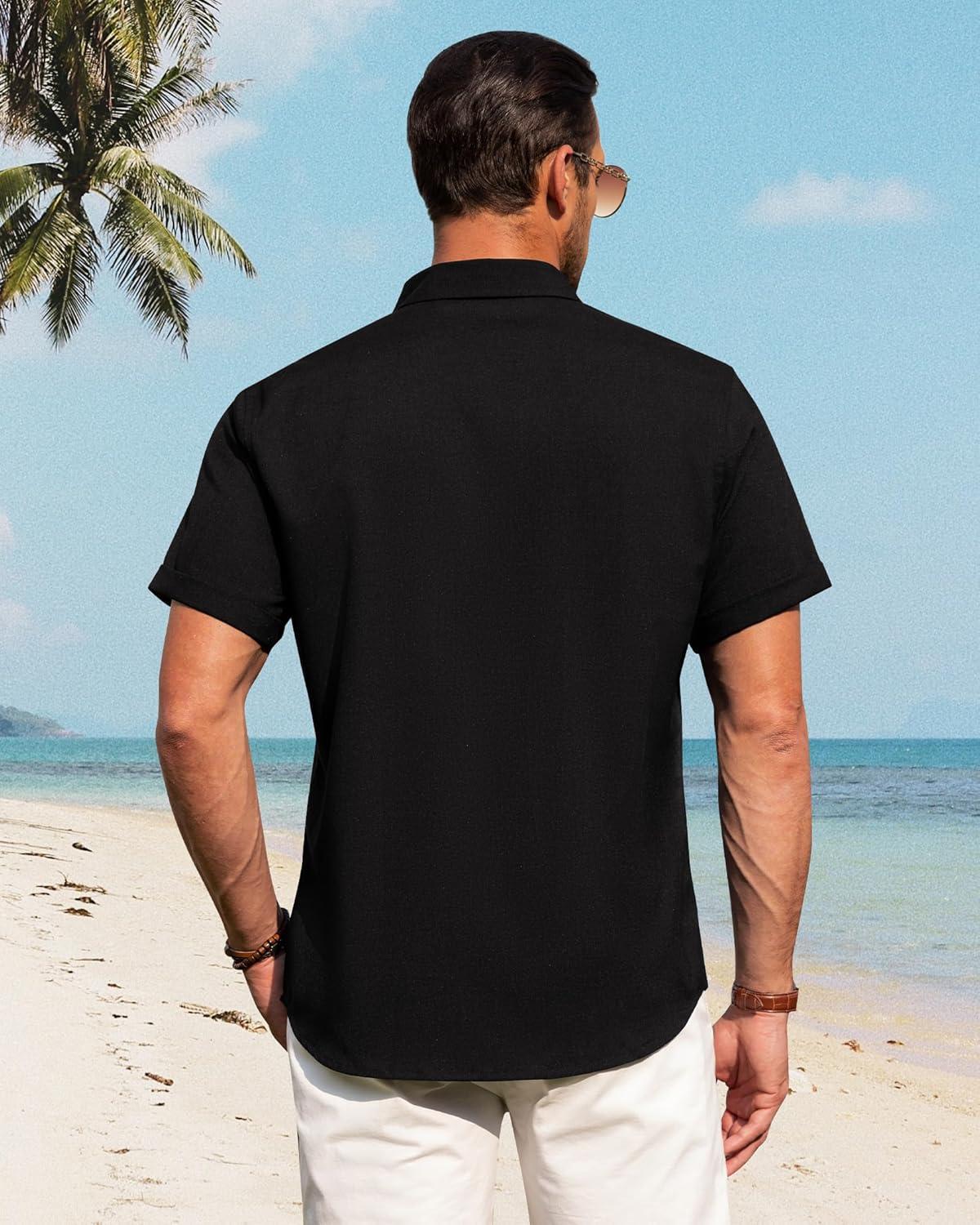 imageJVER Mens Linen Shirts Casual Short Sleeve Button Down Shirt Beach Vacation Cruise Summer Wedding Cotton TopsBlack