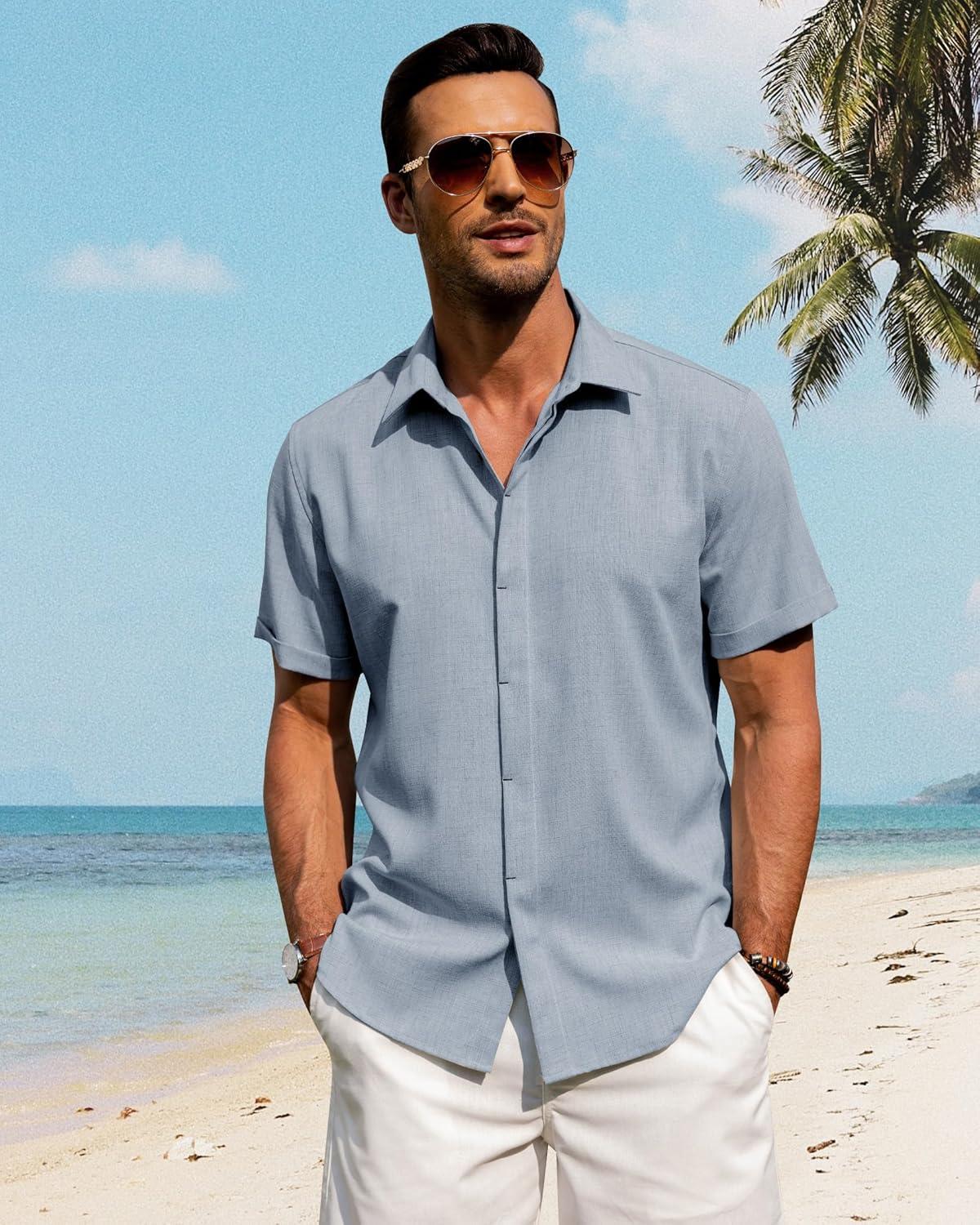 imageJVER Mens Linen Shirts Casual Short Sleeve Button Down Shirt Beach Vacation Cruise Summer Wedding Cotton TopsBlue