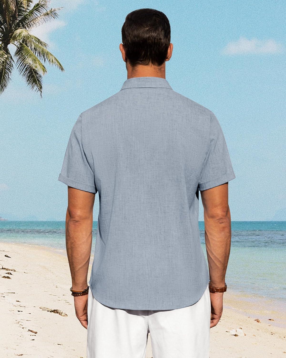 imageJVER Mens Linen Shirts Casual Short Sleeve Button Down Shirt Beach Vacation Cruise Summer Wedding Cotton TopsBlue