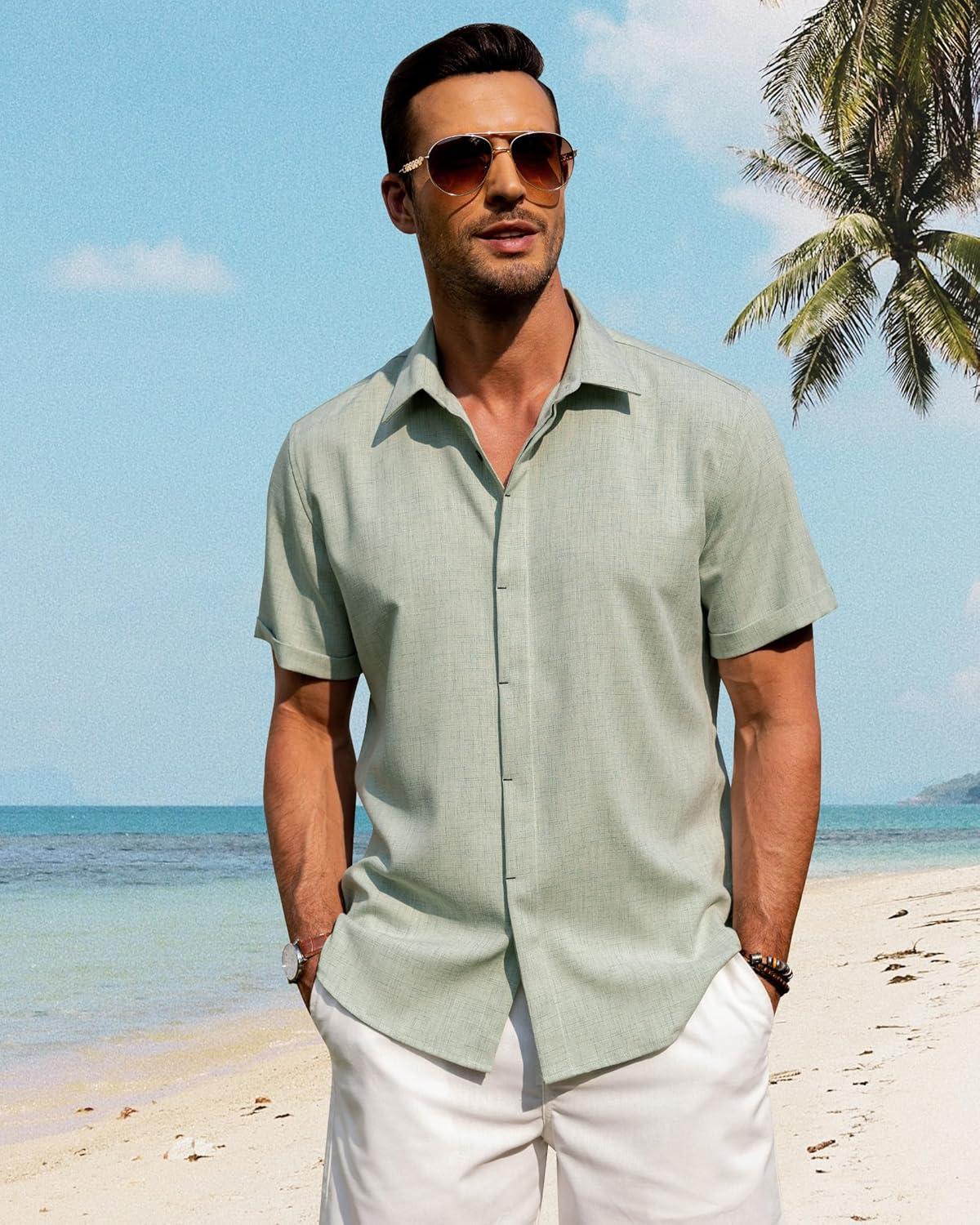 imageJVER Mens Linen Shirts Casual Short Sleeve Button Down Shirt Beach Vacation Cruise Summer Wedding Cotton TopsGreen