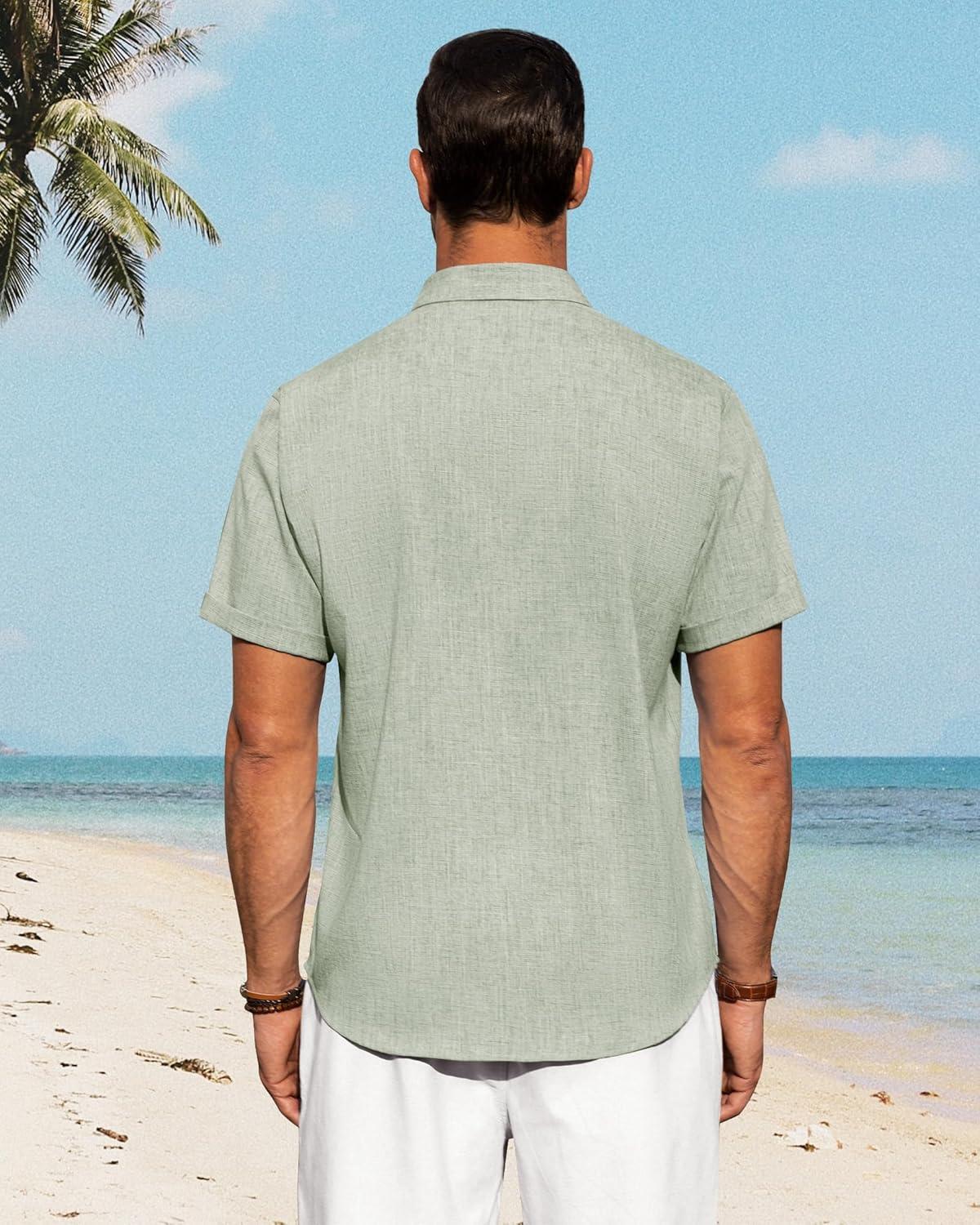 imageJVER Mens Linen Shirts Casual Short Sleeve Button Down Shirt Beach Vacation Cruise Summer Wedding Cotton TopsGreen