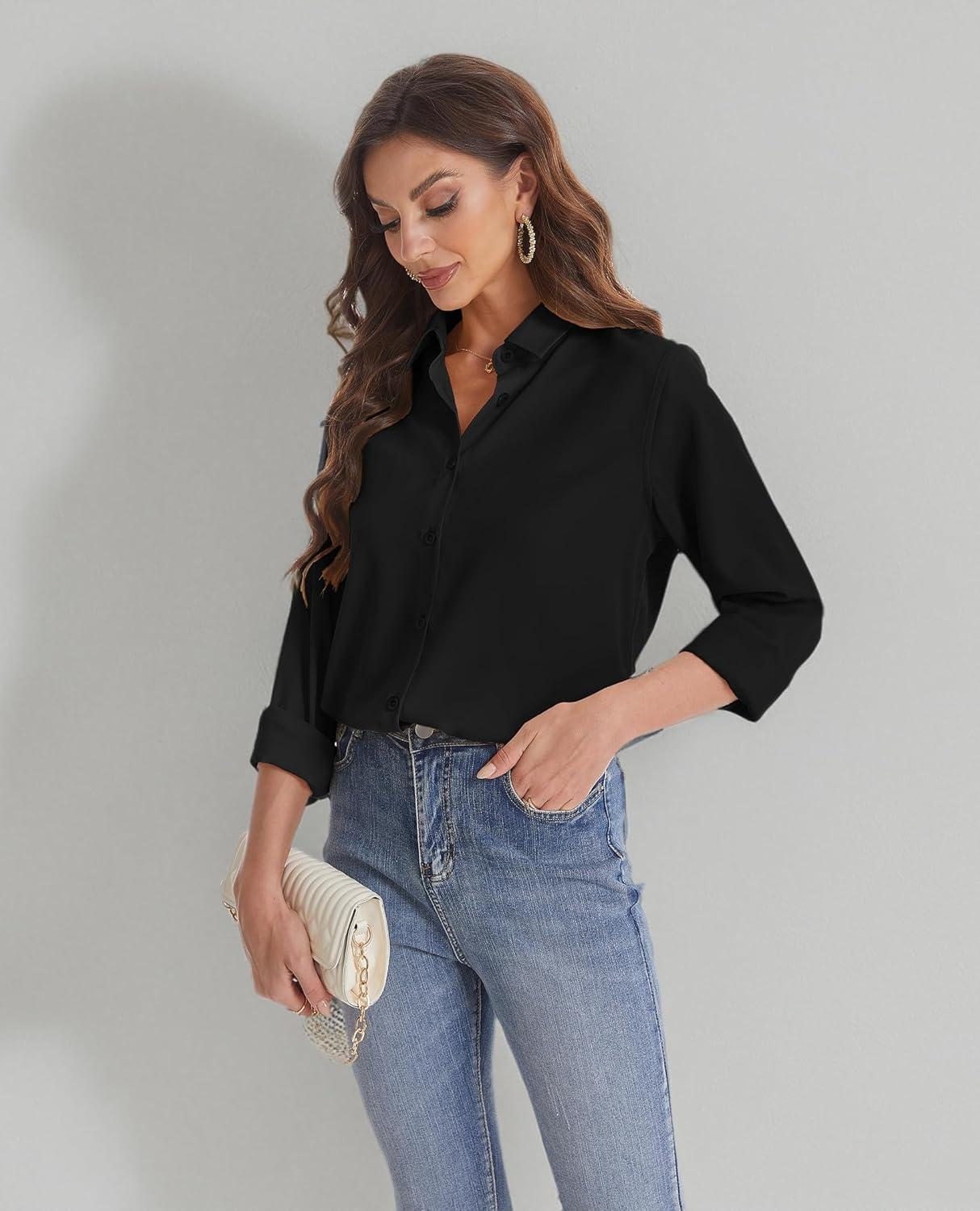 imageJVER Womens Button Down Shirt Long Sleeve Solid Dress Shirts Chiffon Work Office Blouse Fashion Formal Business Casual TopsBlack