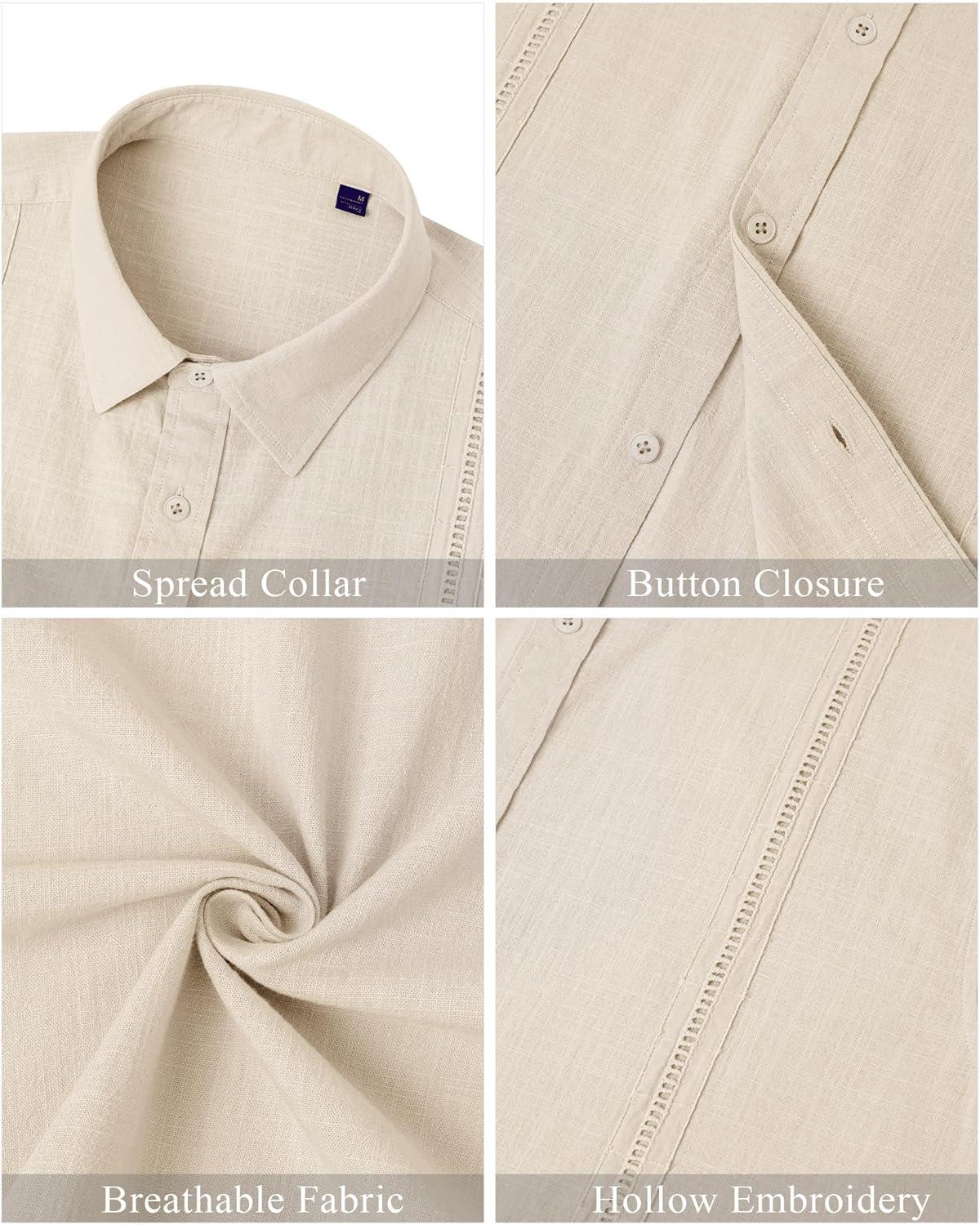 imageMens Linen Shirts Short Sleeve Button Down Shirt Casual Cuban Guayabera Lightweight Summer Beach Solid TopsBeige