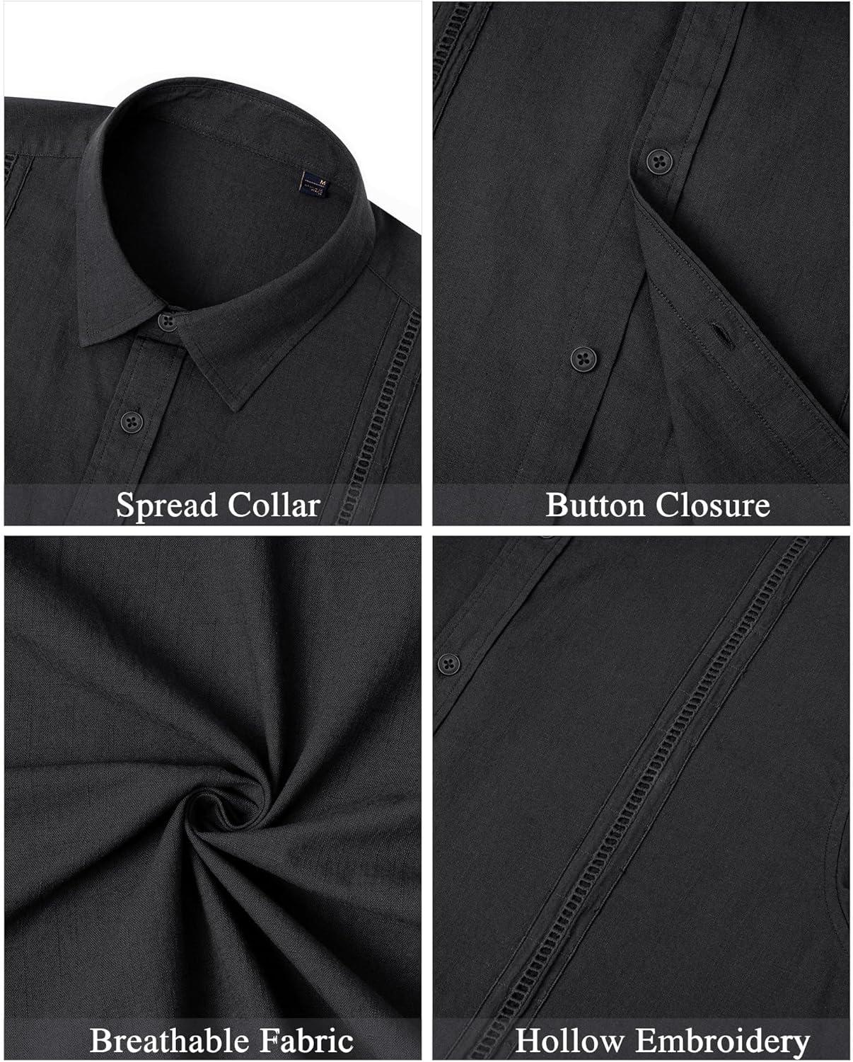 imageMens Linen Shirts Short Sleeve Button Down Shirt Casual Cuban Guayabera Lightweight Summer Beach Solid TopsBlack