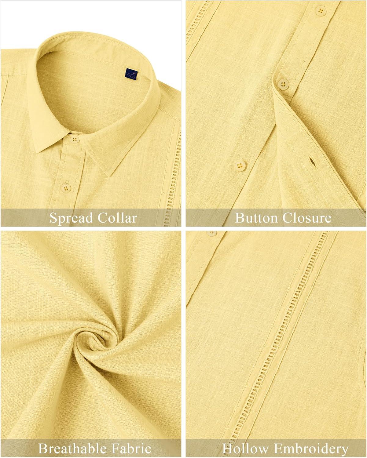 imageMens Linen Shirts Short Sleeve Button Down Shirt Casual Cuban Guayabera Lightweight Summer Beach Solid TopsBright Yellow