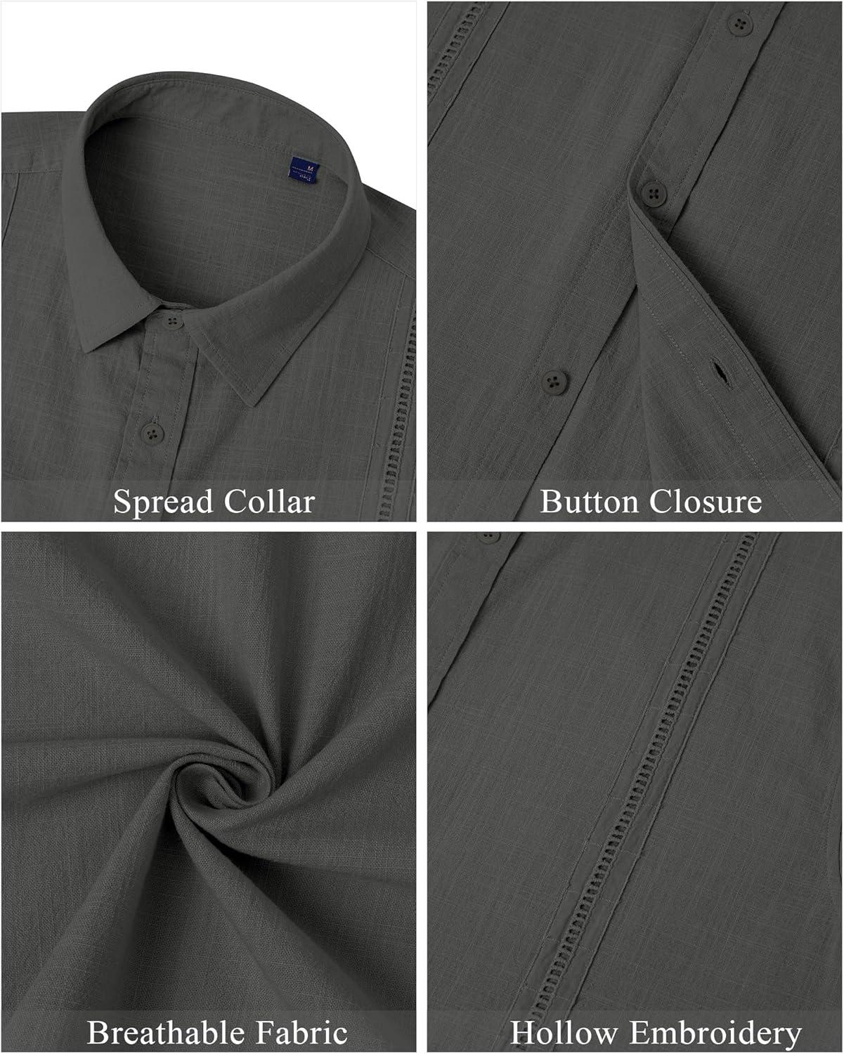imageMens Linen Shirts Short Sleeve Button Down Shirt Casual Cuban Guayabera Lightweight Summer Beach Solid TopsCharcoal