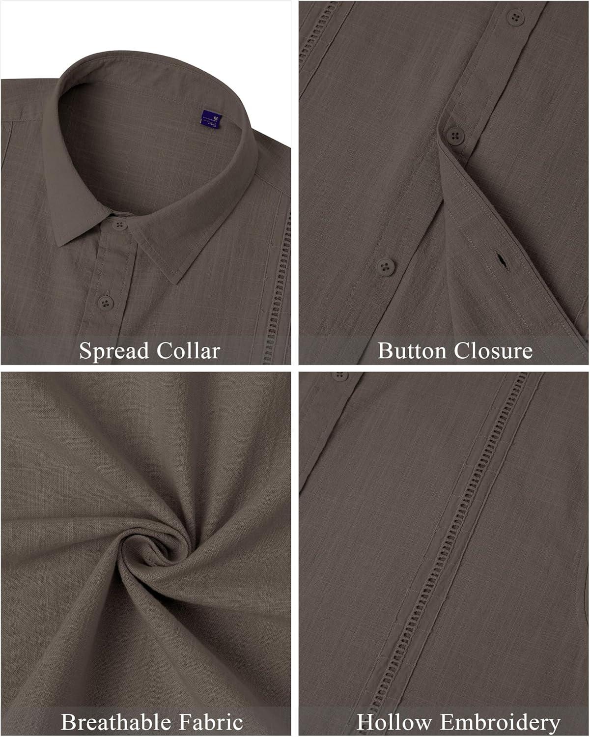 imageMens Linen Shirts Short Sleeve Button Down Shirt Casual Cuban Guayabera Lightweight Summer Beach Solid TopsCoffee