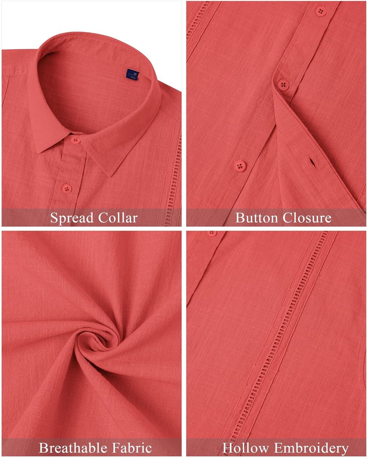 imageMens Linen Shirts Short Sleeve Button Down Shirt Casual Cuban Guayabera Lightweight Summer Beach Solid TopsCoral