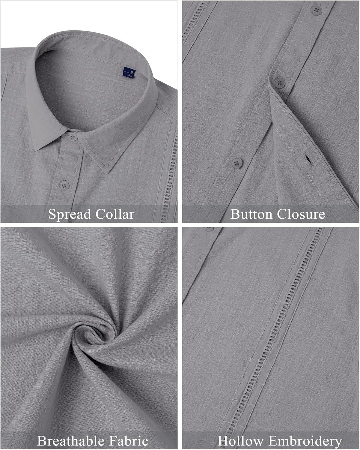 imageMens Linen Shirts Short Sleeve Button Down Shirt Casual Cuban Guayabera Lightweight Summer Beach Solid TopsDark Grey