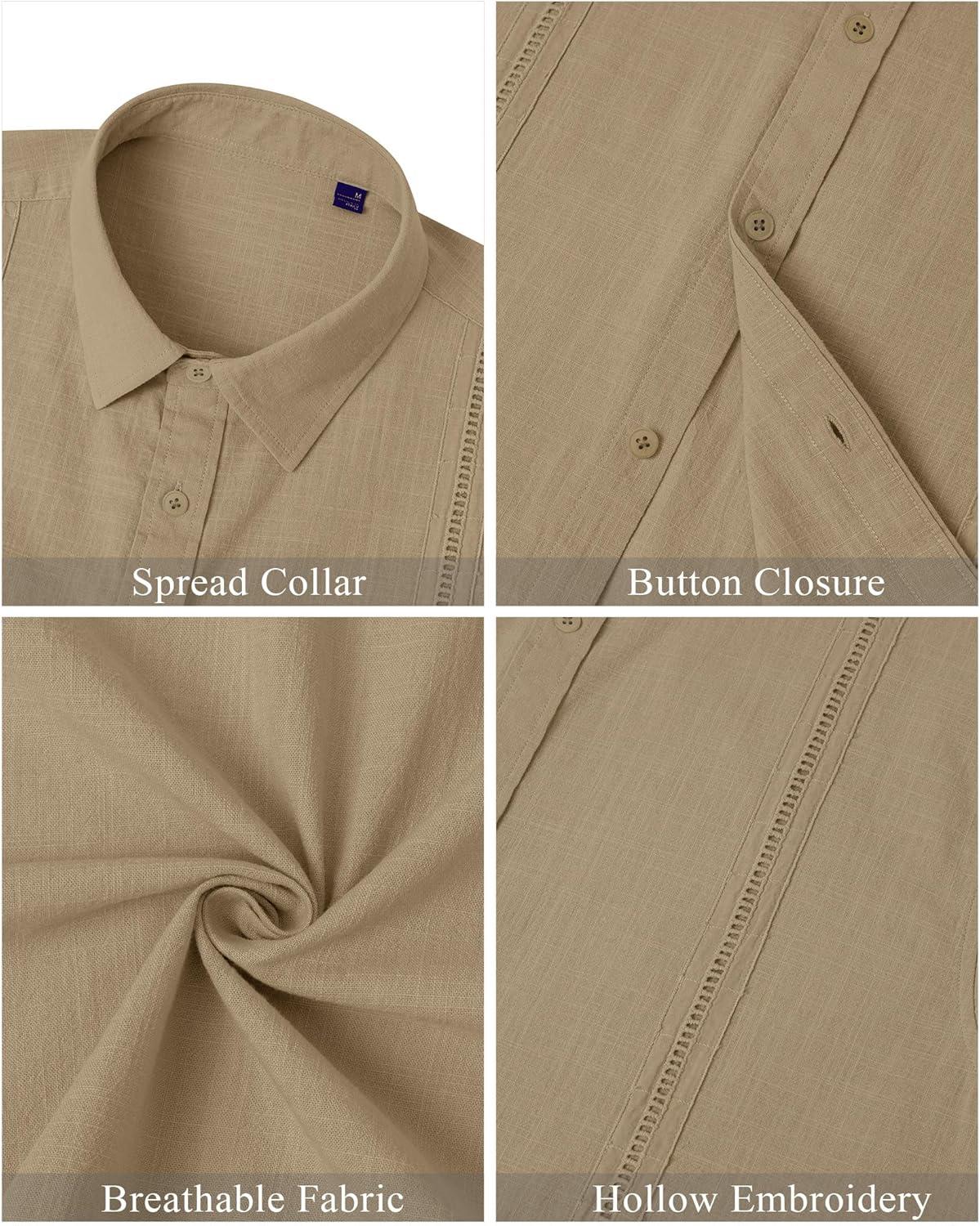 imageMens Linen Shirts Short Sleeve Button Down Shirt Casual Cuban Guayabera Lightweight Summer Beach Solid TopsDark Khaki