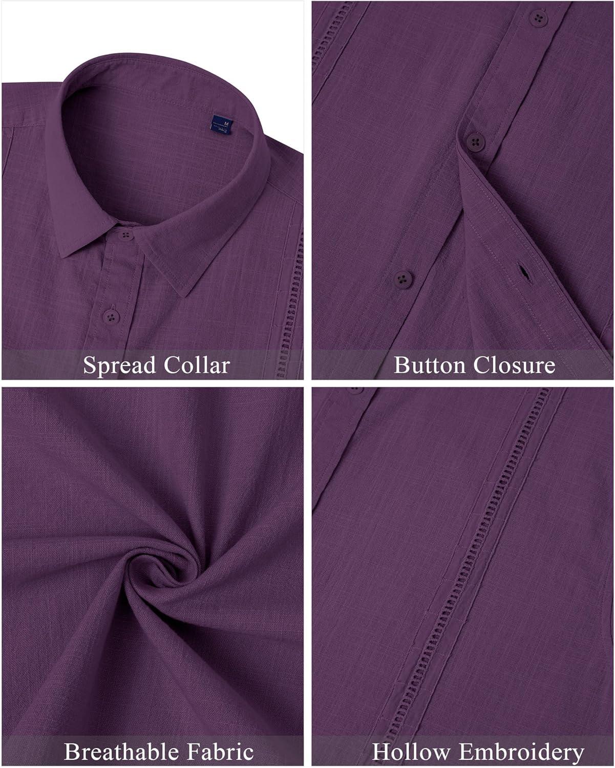 imageMens Linen Shirts Short Sleeve Button Down Shirt Casual Cuban Guayabera Lightweight Summer Beach Solid TopsDark Purple