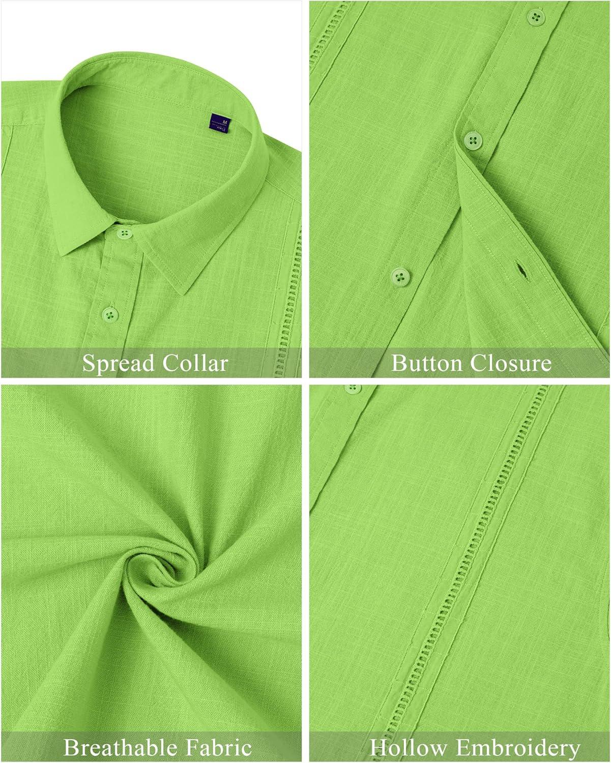 imageMens Linen Shirts Short Sleeve Button Down Shirt Casual Cuban Guayabera Lightweight Summer Beach Solid TopsLawn Green