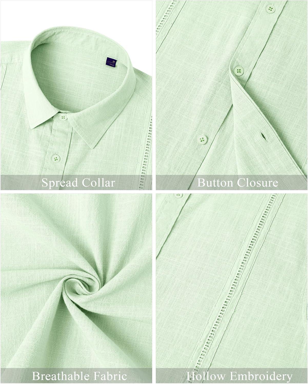 imageMens Linen Shirts Short Sleeve Button Down Shirt Casual Cuban Guayabera Lightweight Summer Beach Solid TopsLight Green