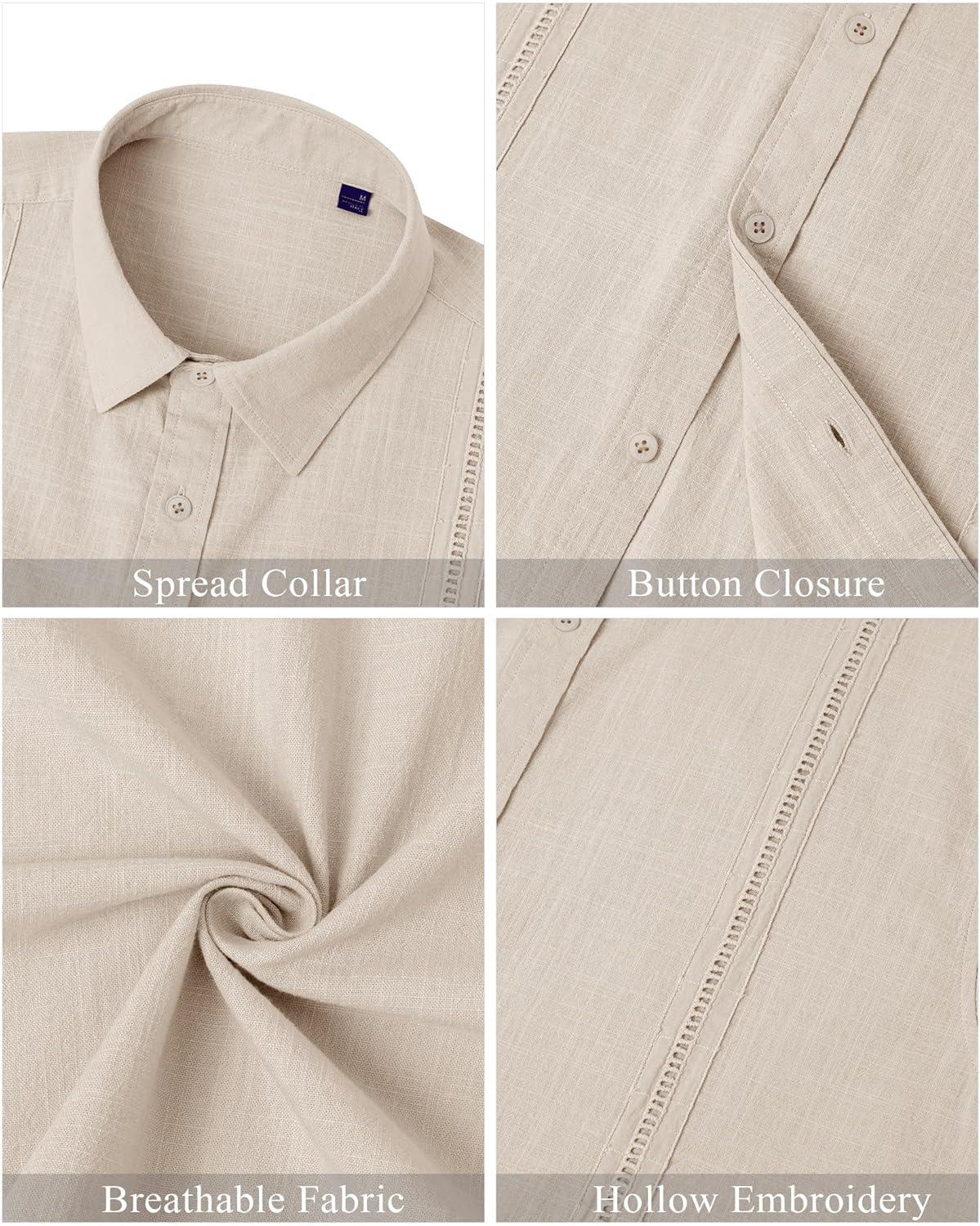 imageMens Linen Shirts Short Sleeve Button Down Shirt Casual Cuban Guayabera Lightweight Summer Beach Solid TopsLight Khaki