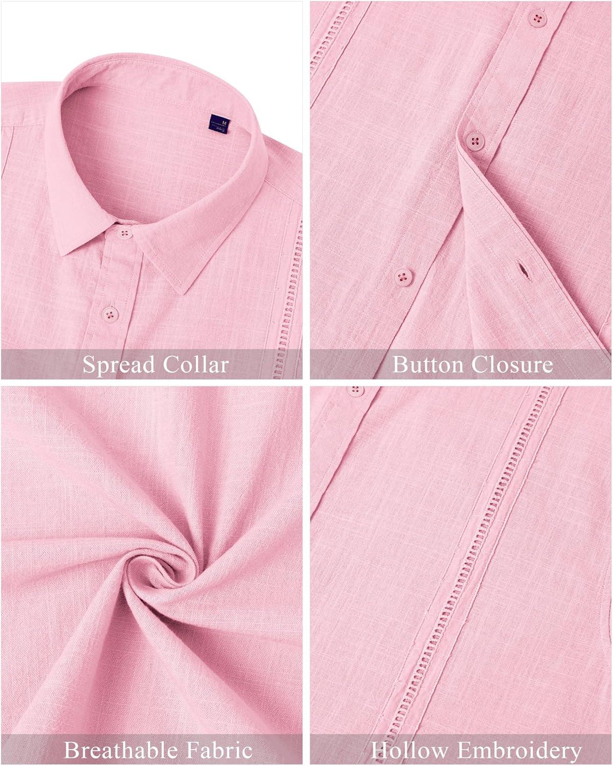 imageMens Linen Shirts Short Sleeve Button Down Shirt Casual Cuban Guayabera Lightweight Summer Beach Solid TopsLight Pink