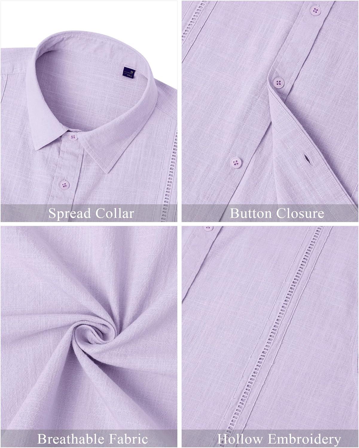 imageMens Linen Shirts Short Sleeve Button Down Shirt Casual Cuban Guayabera Lightweight Summer Beach Solid TopsLight Purple