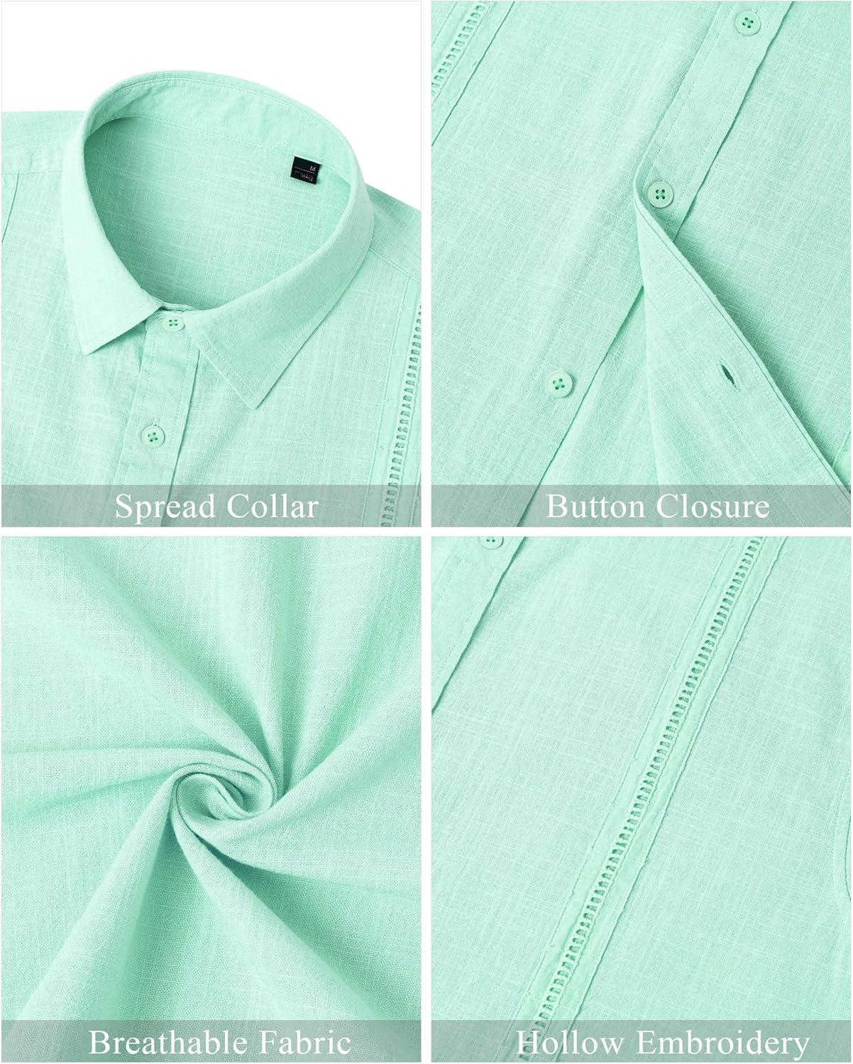 imageMens Linen Shirts Short Sleeve Button Down Shirt Casual Cuban Guayabera Lightweight Summer Beach Solid TopsMint Green