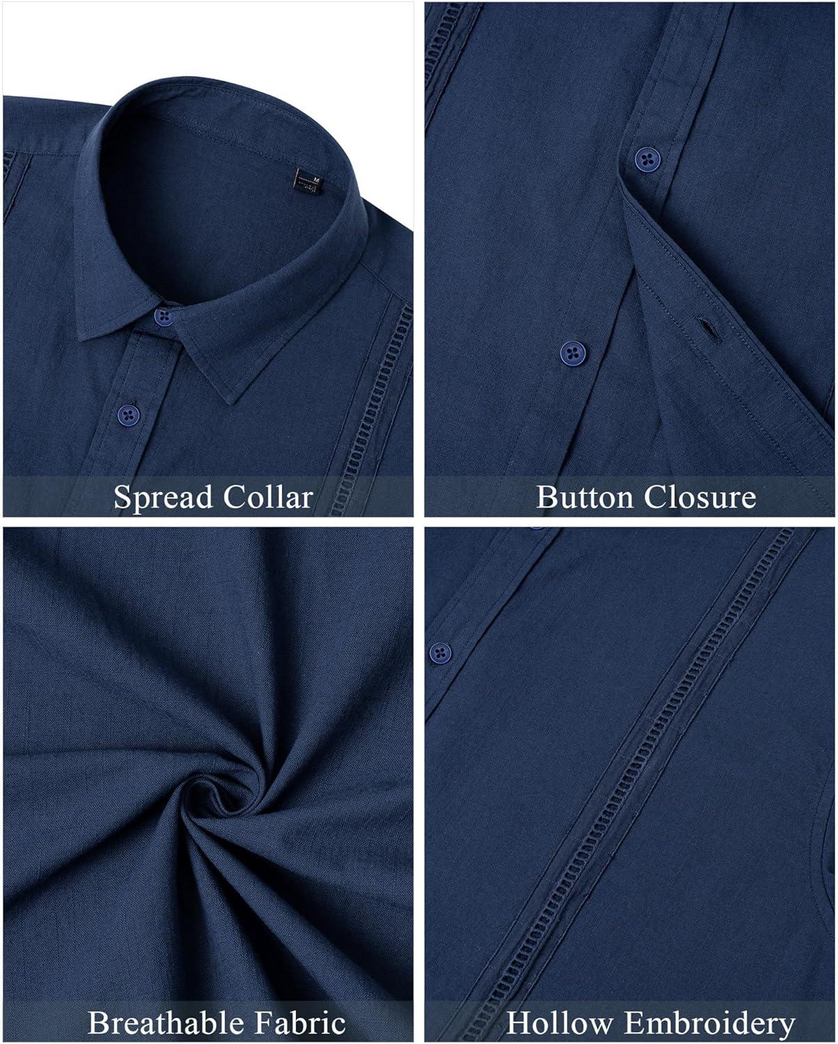 imageMens Linen Shirts Short Sleeve Button Down Shirt Casual Cuban Guayabera Lightweight Summer Beach Solid TopsNavy Blue