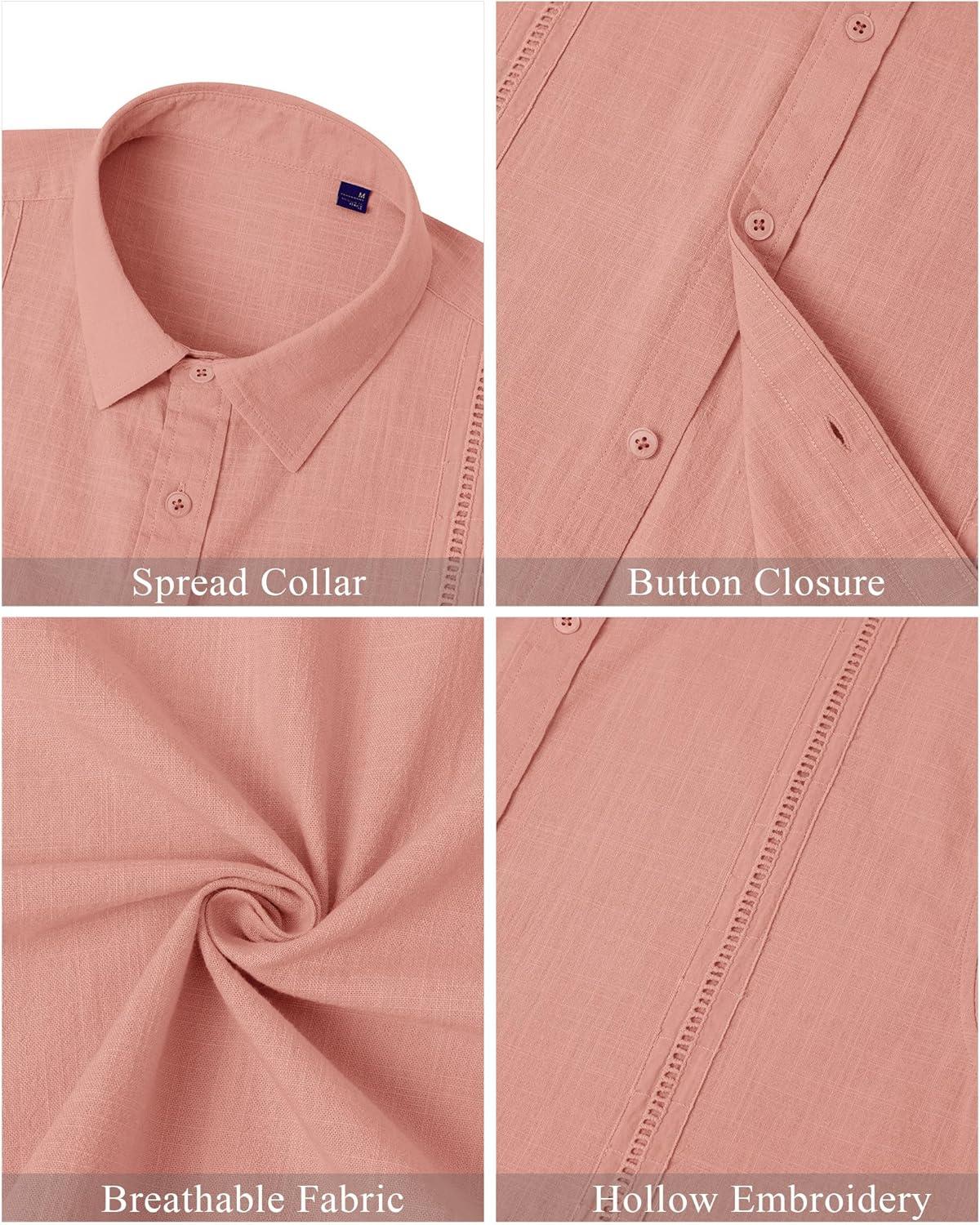 imageMens Linen Shirts Short Sleeve Button Down Shirt Casual Cuban Guayabera Lightweight Summer Beach Solid TopsPeach