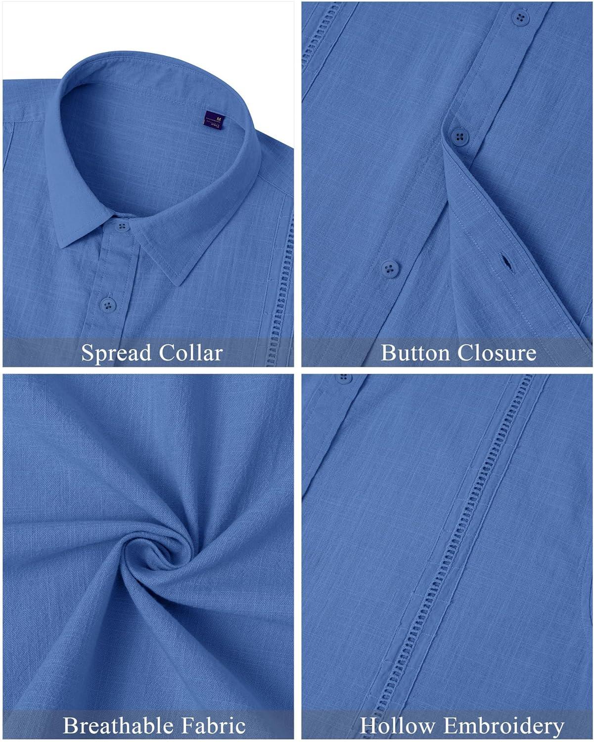 imageMens Linen Shirts Short Sleeve Button Down Shirt Casual Cuban Guayabera Lightweight Summer Beach Solid TopsRoyal Blue