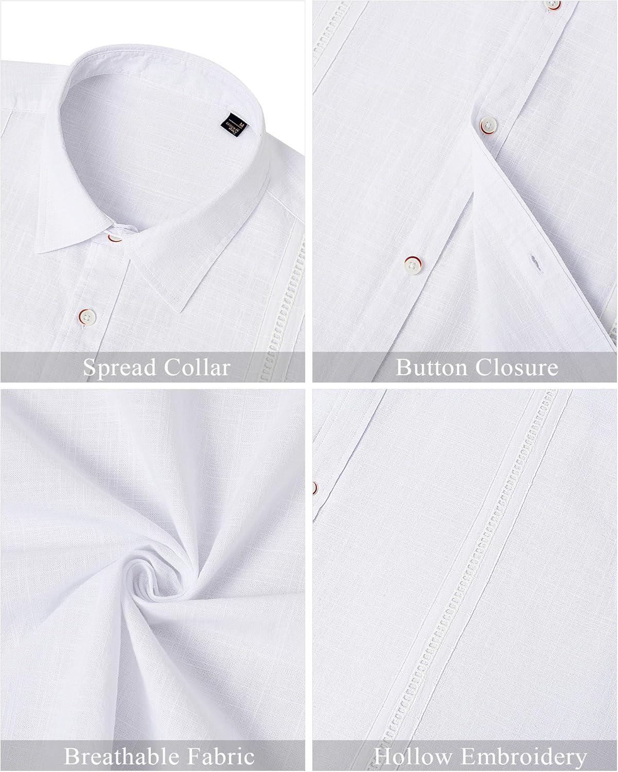 imageMens Linen Shirts Short Sleeve Button Down Shirt Casual Cuban Guayabera Lightweight Summer Beach Solid TopsWhite