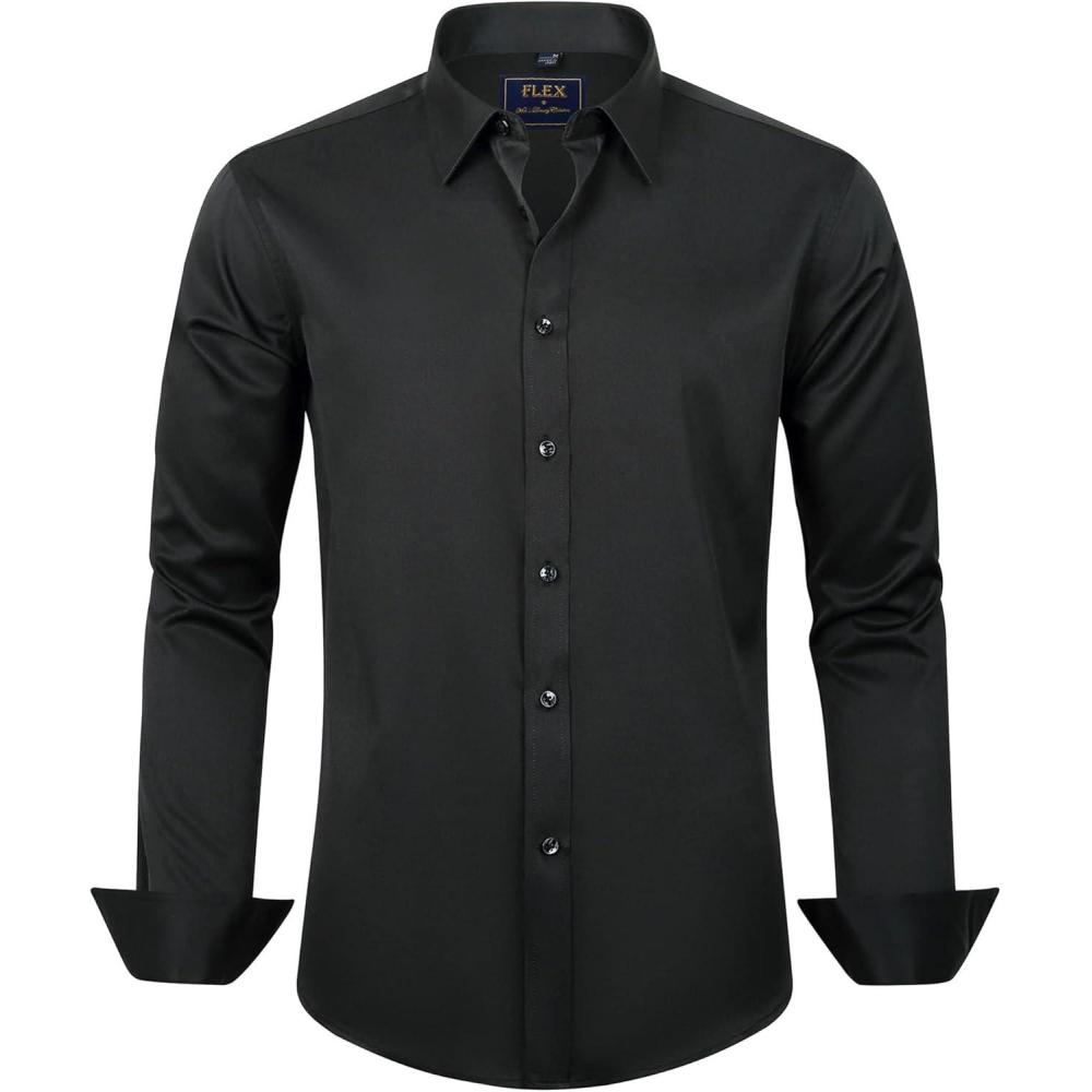 imageJVER Boys Long Sleeve Dress Shirts Solid Stretch WrinkleFree Shirt Kids Casual Button Down Shirts School UniformBlack