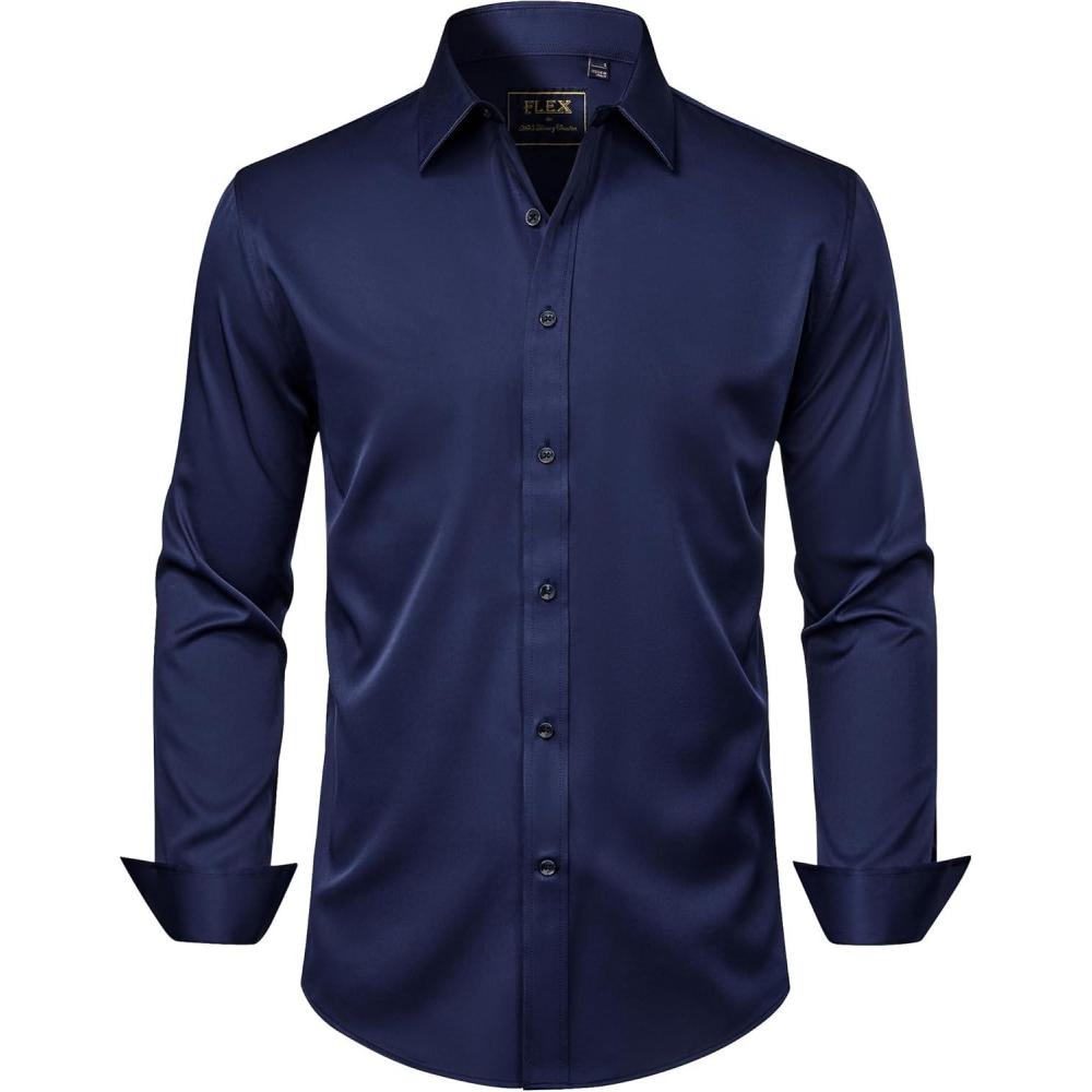 imageJVER Boys Long Sleeve Dress Shirts Solid Stretch WrinkleFree Shirt Kids Casual Button Down Shirts School UniformNavy Blue