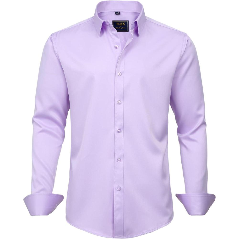 imageJVER Boys Long Sleeve Dress Shirts Solid Stretch WrinkleFree Shirt Kids Casual Button Down Shirts School UniformPurple